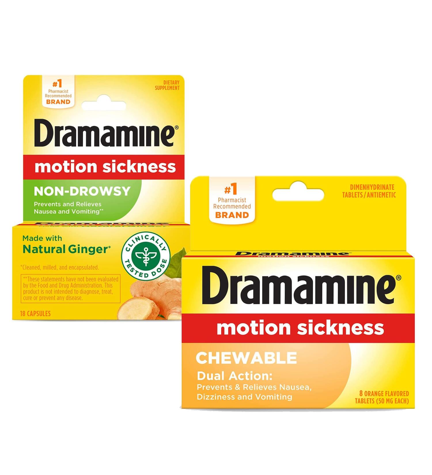 Dramamine Non-Drowsy Naturals 18 Tablets with Natural Ginger & Motion Sickness Relief Chewable Tablets Orange Flavored 8 Tablets - Buy Online on GoSupps.com