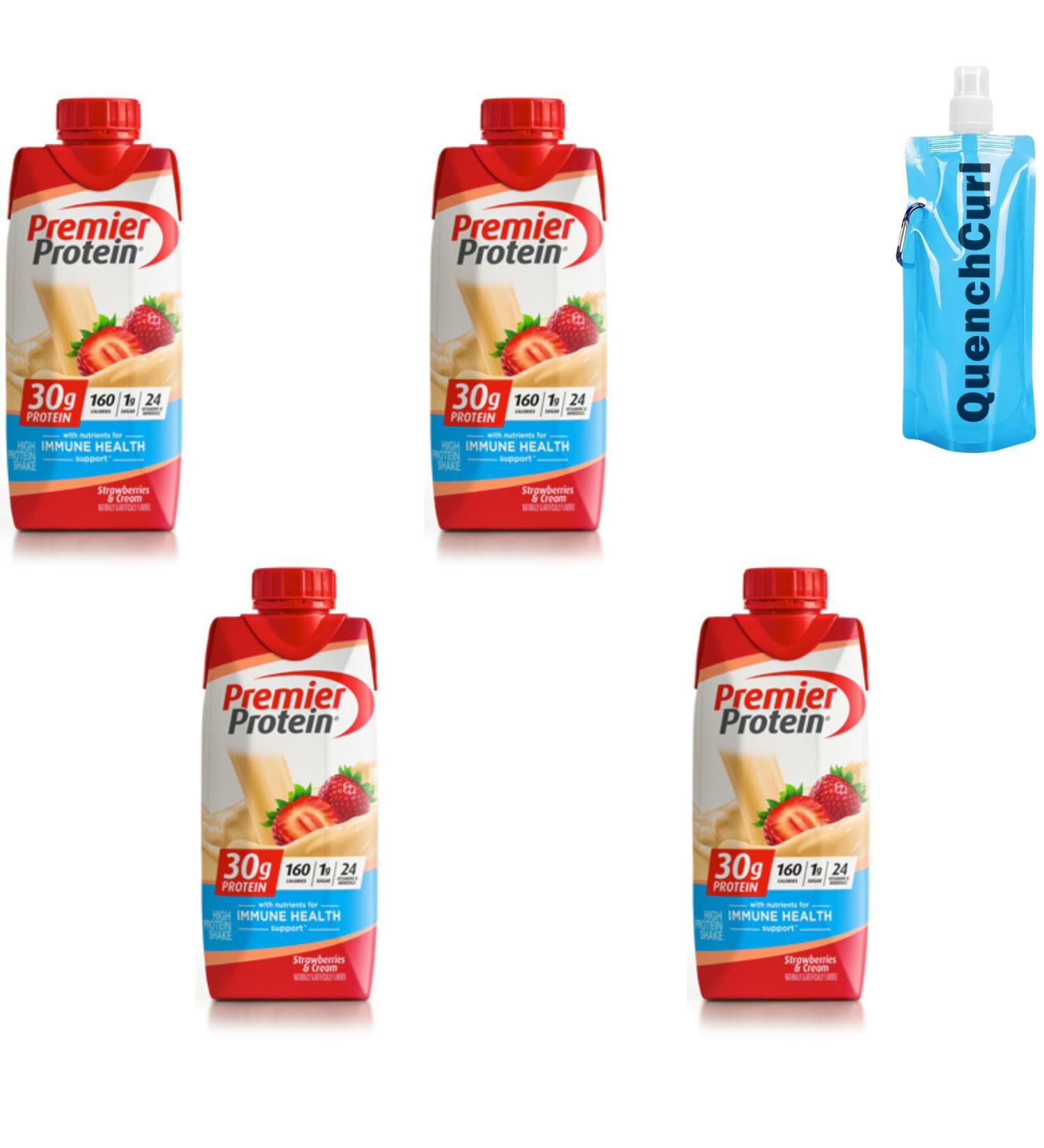 Protein Shake Bundle - Four (4) 11Fl oz Bottles of PremierProtein Delicious and Flavorful 30g High Protein with QuenchCurl Collapsible Bottle - Strawberries