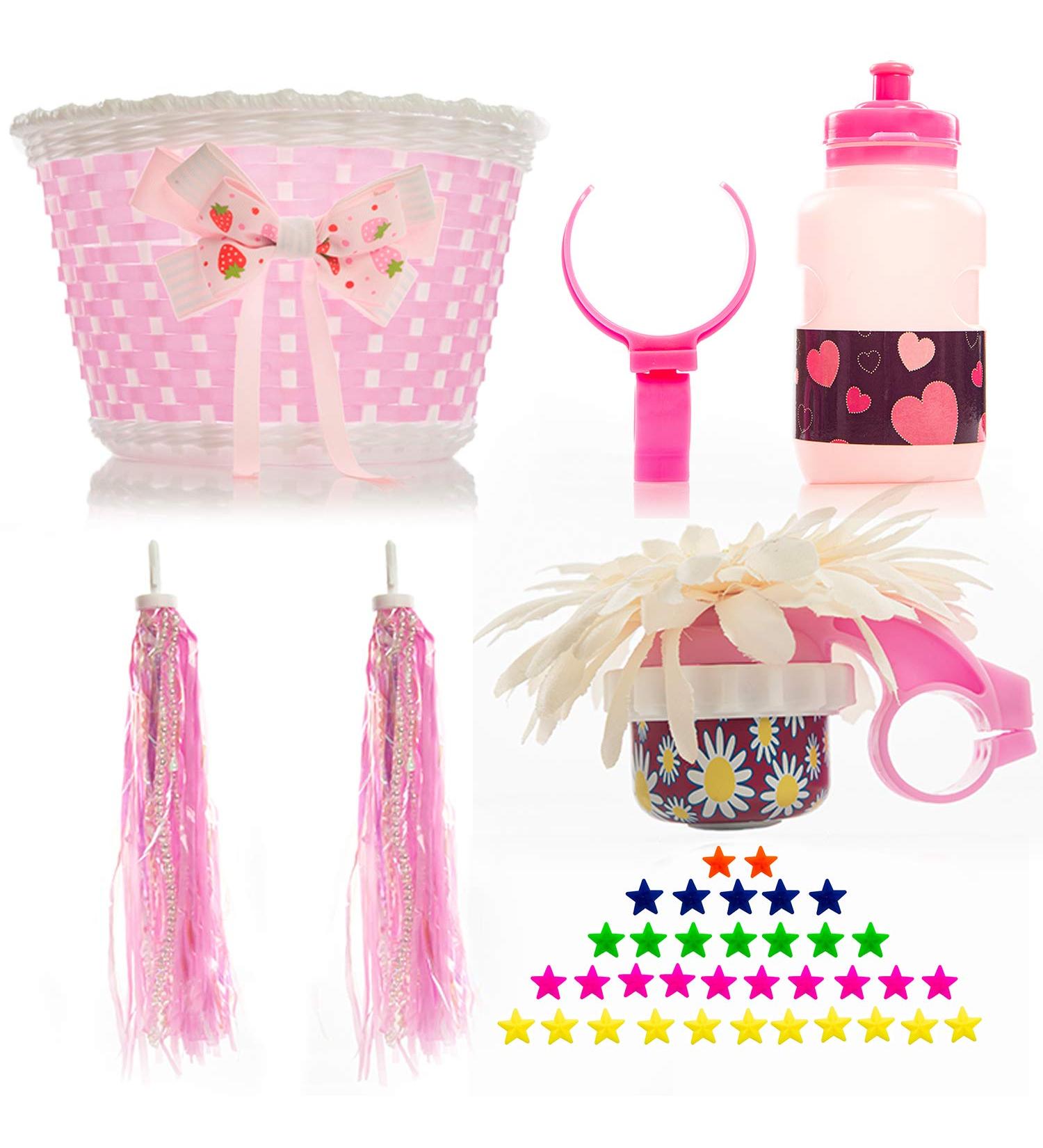 Bikes on Hikes Girls Bicycle Decorations Set - Fun Bike Decor with Beads, Mirror, Water Bottle, Streamers & Basket - Pink Kids Bike Decoration Kit - Buy Online on GoSupps.com