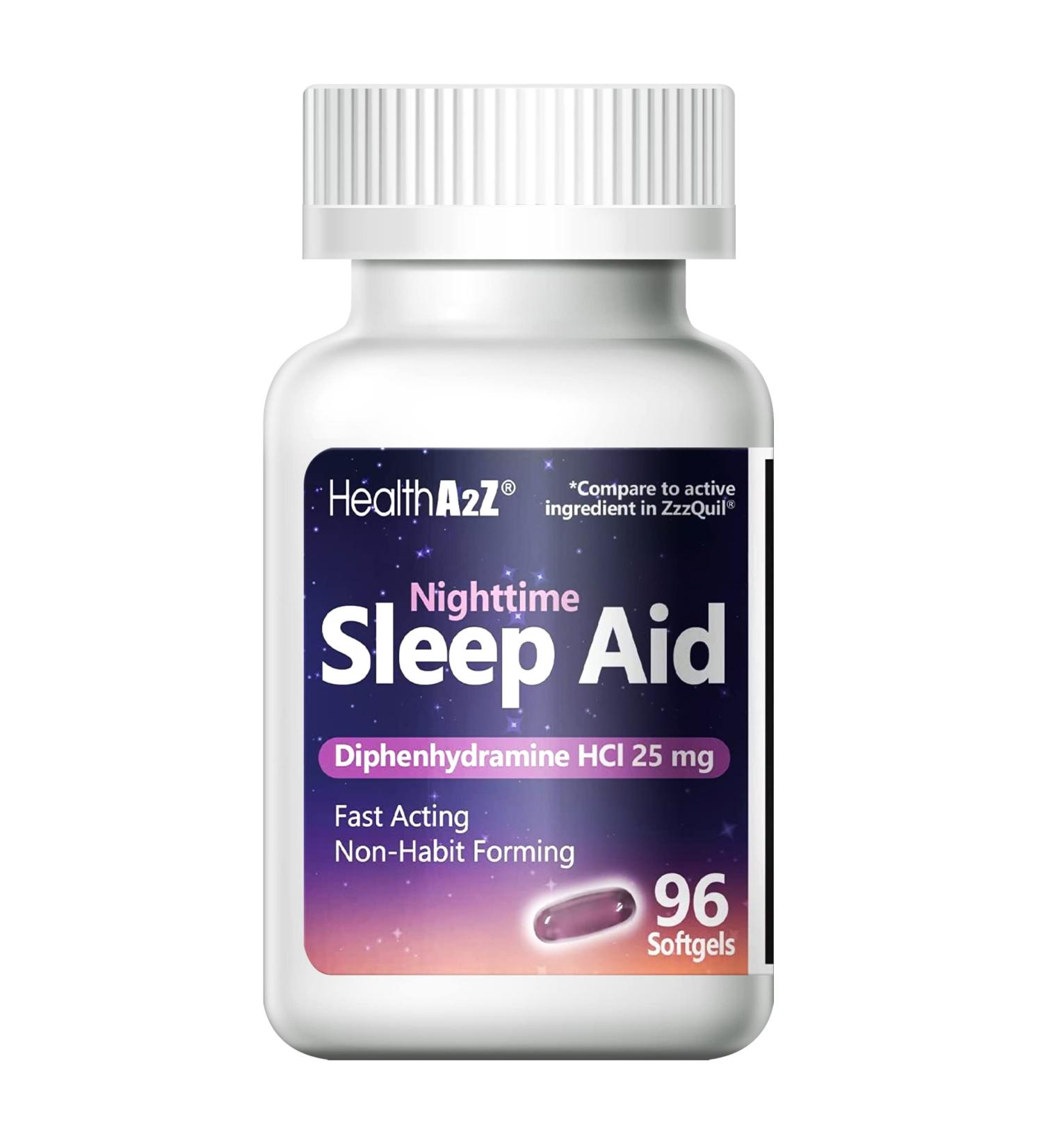 HealthA2Z Nighttime Sleep Aid Softgels - Fast Acting Diphenhydramine HCl - Non Habit-Forming - 96 Liquid Caps for Adult Sleeplessness - Buy Online on GoSupps.com