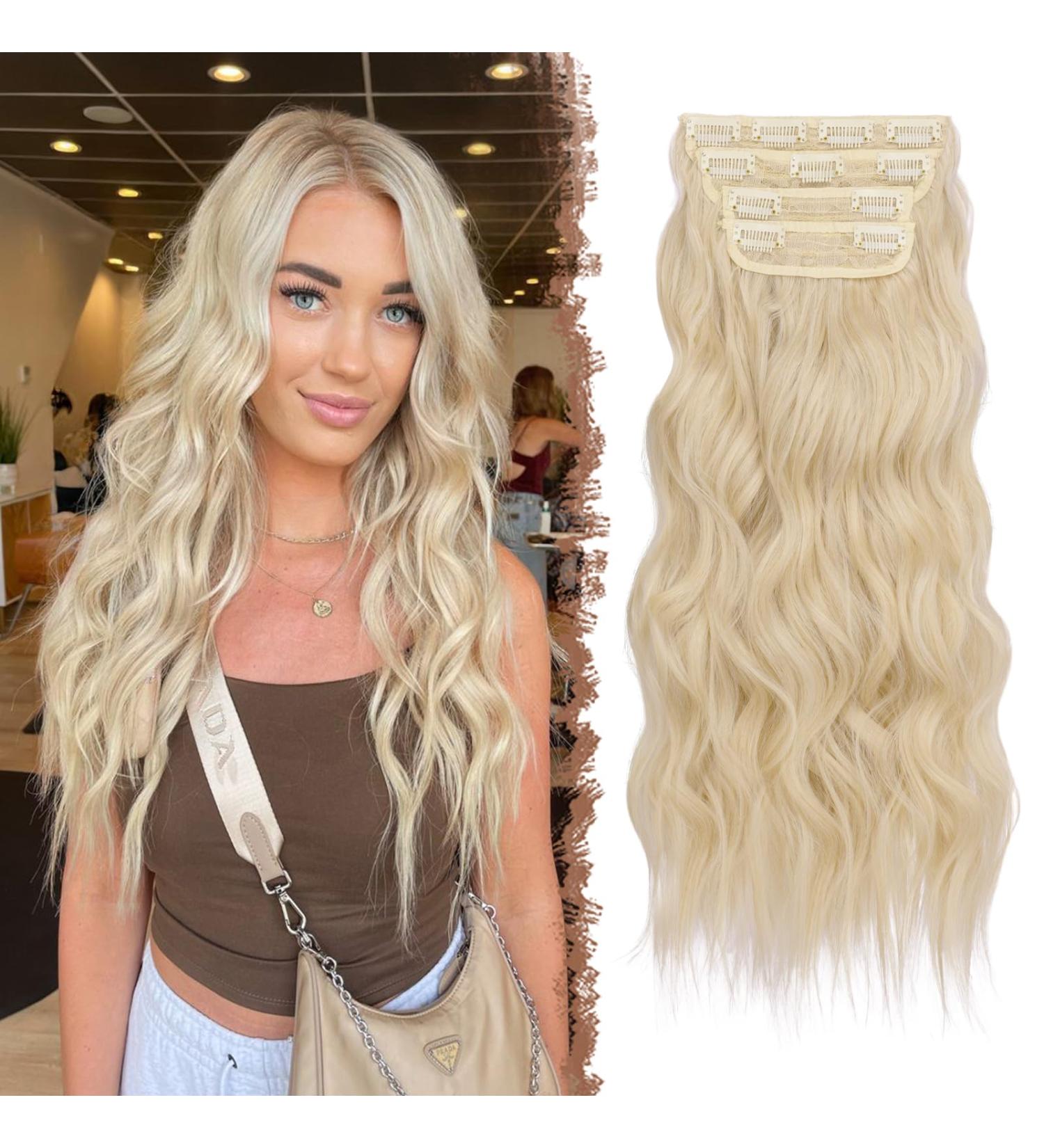 Feshfen Clip-In Hair Extensions - 4PCs 50cm Platinum Blonde Wavy Synthetic Hair 180g Full Head Volume for Women - Buy Online on GoSupps.com