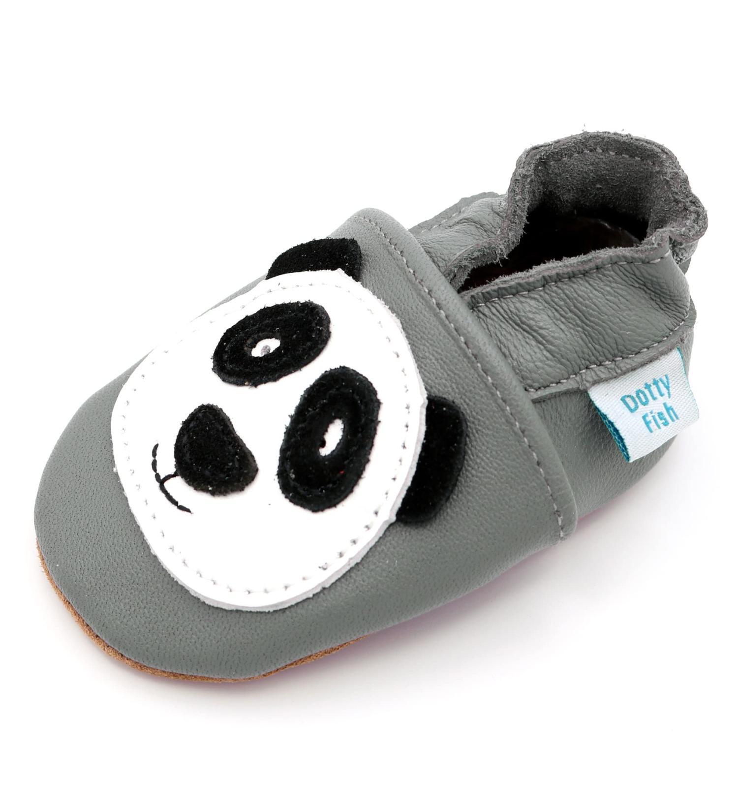 Dotty Fish Soft Leather Baby Shoes for Boys | Non Slip Toddler Shoes with Animal Designs | Sizes 0-6 Months to 4-5 Years | Grey & White Panda Design - Buy Online on GoSupps.com