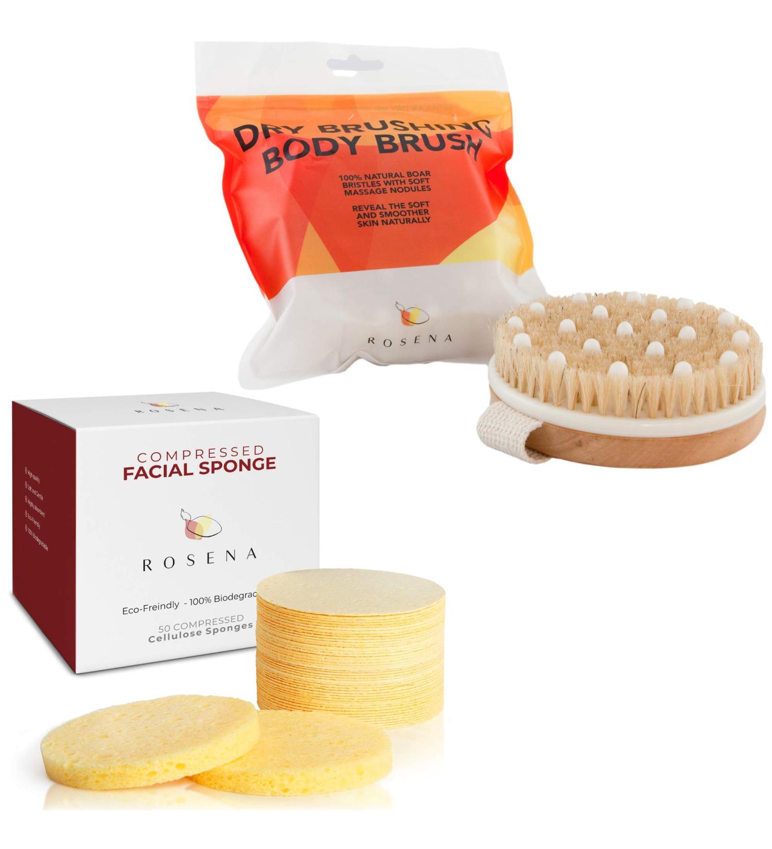 Massaging Dry Brushing Body Brush + Compressed Facial Sponges Set for Softer, Clearer, More Beautiful Skin Naturally - Buy Online on GoSupps.com