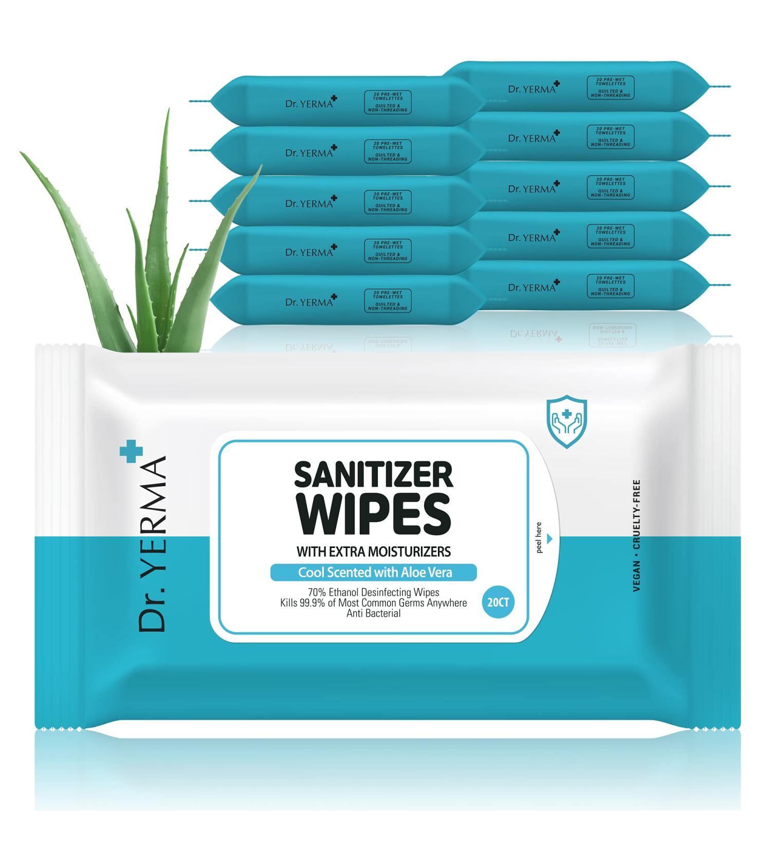 Dr. YERMA 70% Alcohol Hand Sanitizer Wipes with Aloe Vera & Extra Moisturizers - 200 Wipes, Travel Size, Vegan Formula, Cool Scent - 10 Pack - Buy Online on GoSupps.com