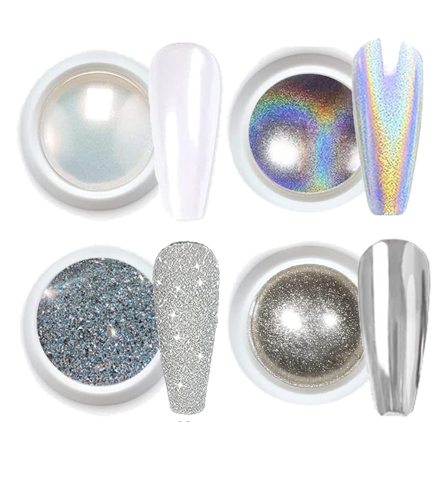 Chrome Nail Powder Set with White Pearl Glitter - 3D Holographic Aurora Dust Design for Stunning Nail Art - Includes Sponge Sticks - Buy Online on GoSupps.com