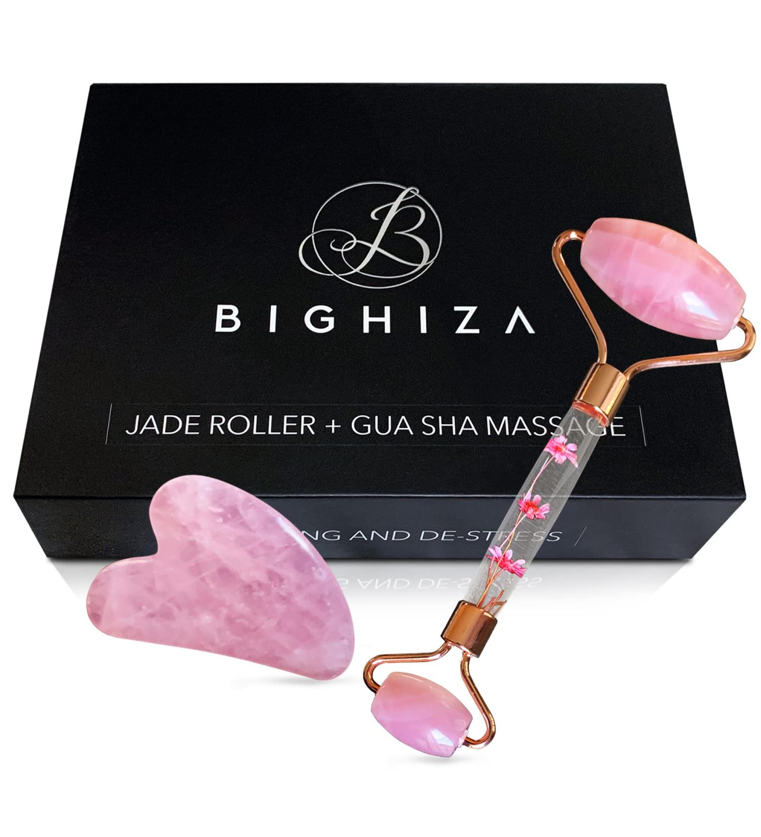 Jade Roller & Gua Sha Tool Set | Rose Quartz Facial Roller for Anti-Aging Fine Lines & Muscle Relaxation | International Shipping - Buy Online on GoSupps.com