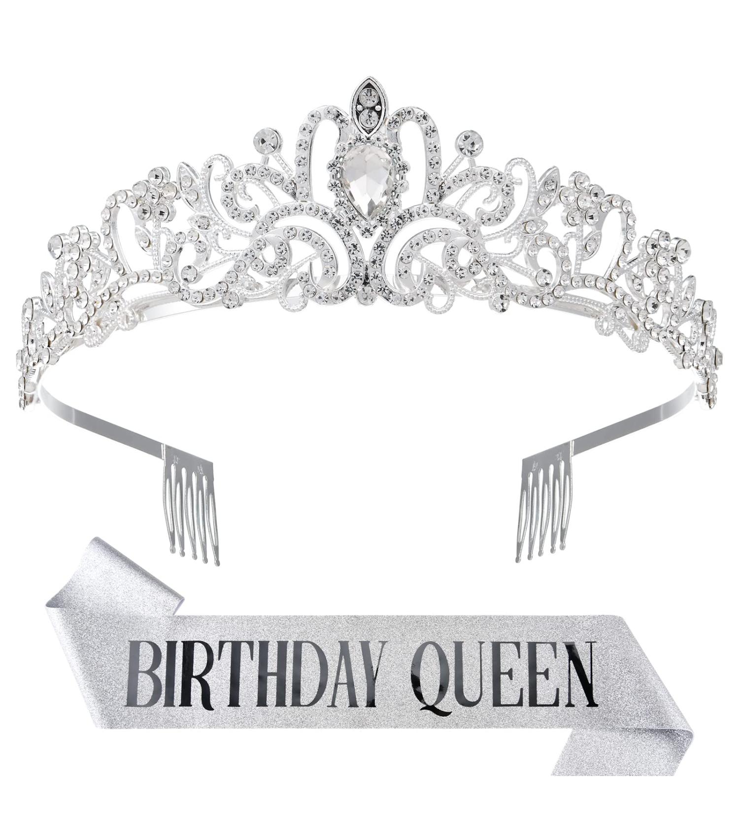 ZeroStage Birthday Queen Sash and Tiara Set - Crystal Crown Rhinestone Headband for Women - Princess Party Decorations and Gifts - Silver - Buy Online on GoSupps.com