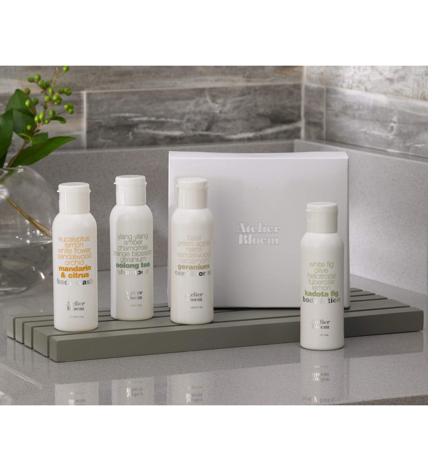Atelier Bloem Travel Gift Set with Mandarin & Citrus Body Wash  Kadota Fig Body Lotion  Oolong Tea Shampoo  and Geranium Conditioner - Includes Gift Box - 1.7 oz. Bottles