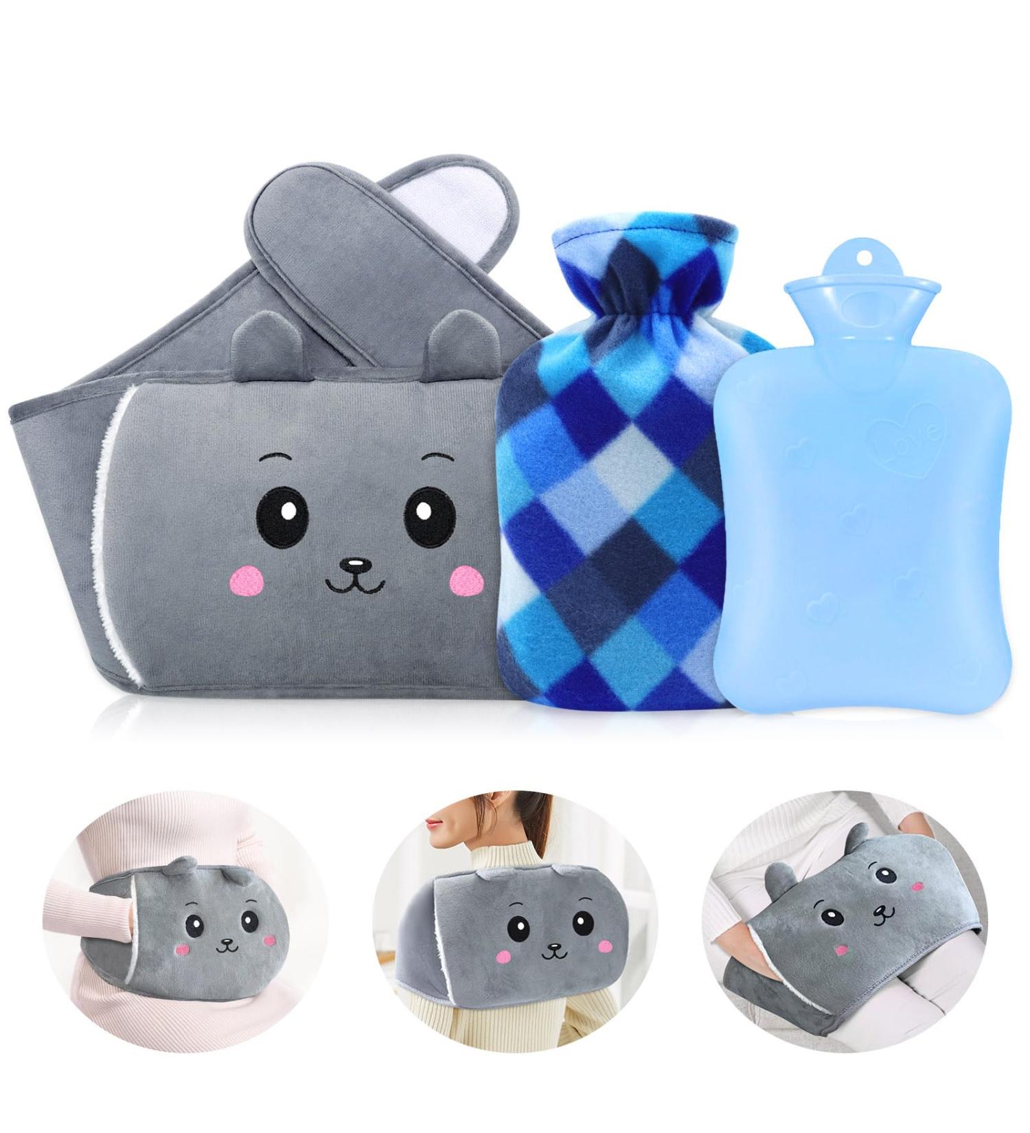 MOTONG Wearable Hot Water Bottle with Fluffy Cover - Natural Rubber Bag for Pain Relief - Blue - Buy Online on GoSupps.com