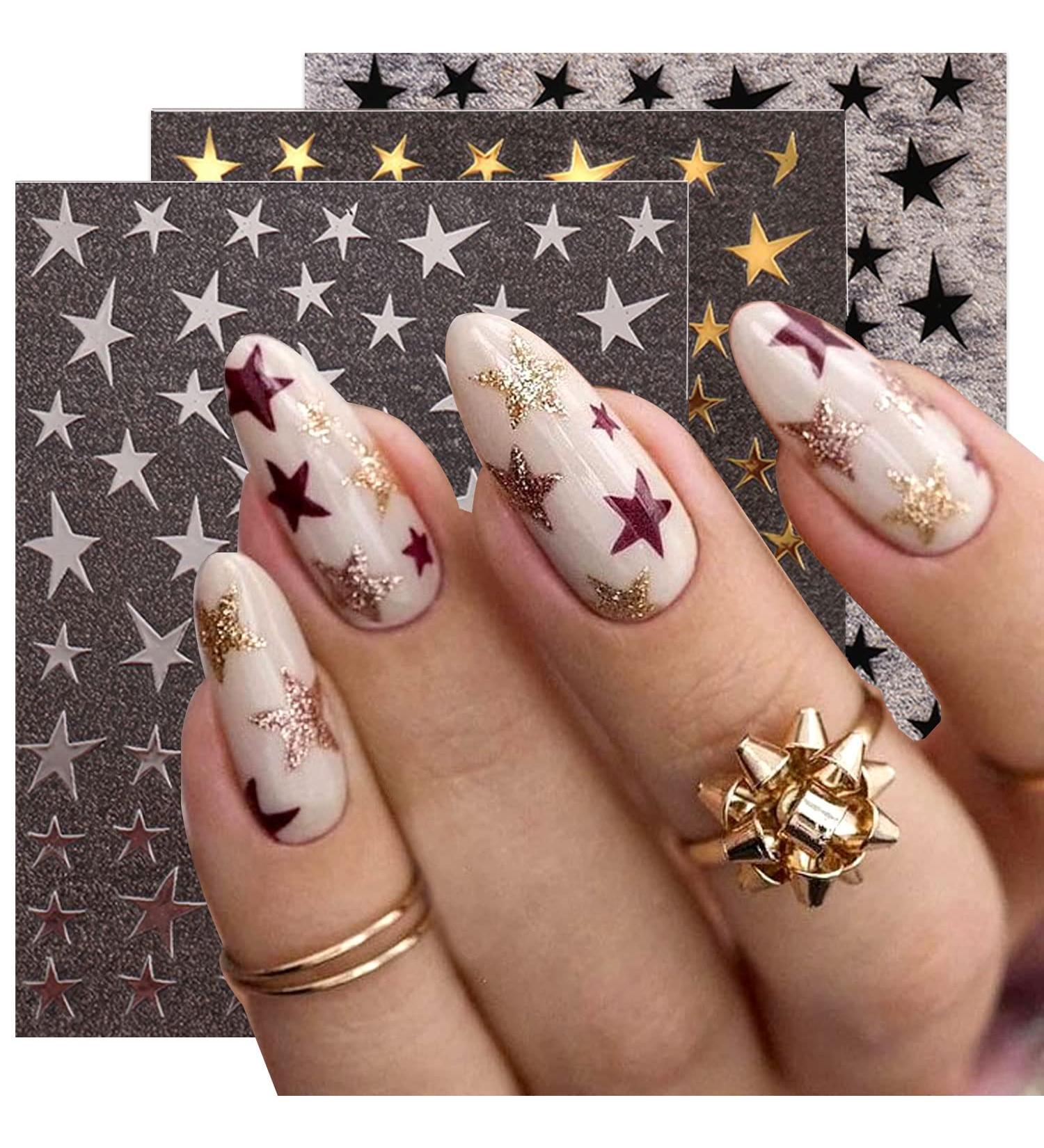 Independence Day Nail Art Sticker Set - Black White Gold Sliver Laser Star Design - 6 Sheets for Acrylic Nails - Nail Decoration for Women & Girls - Buy Online on GoSupps.com