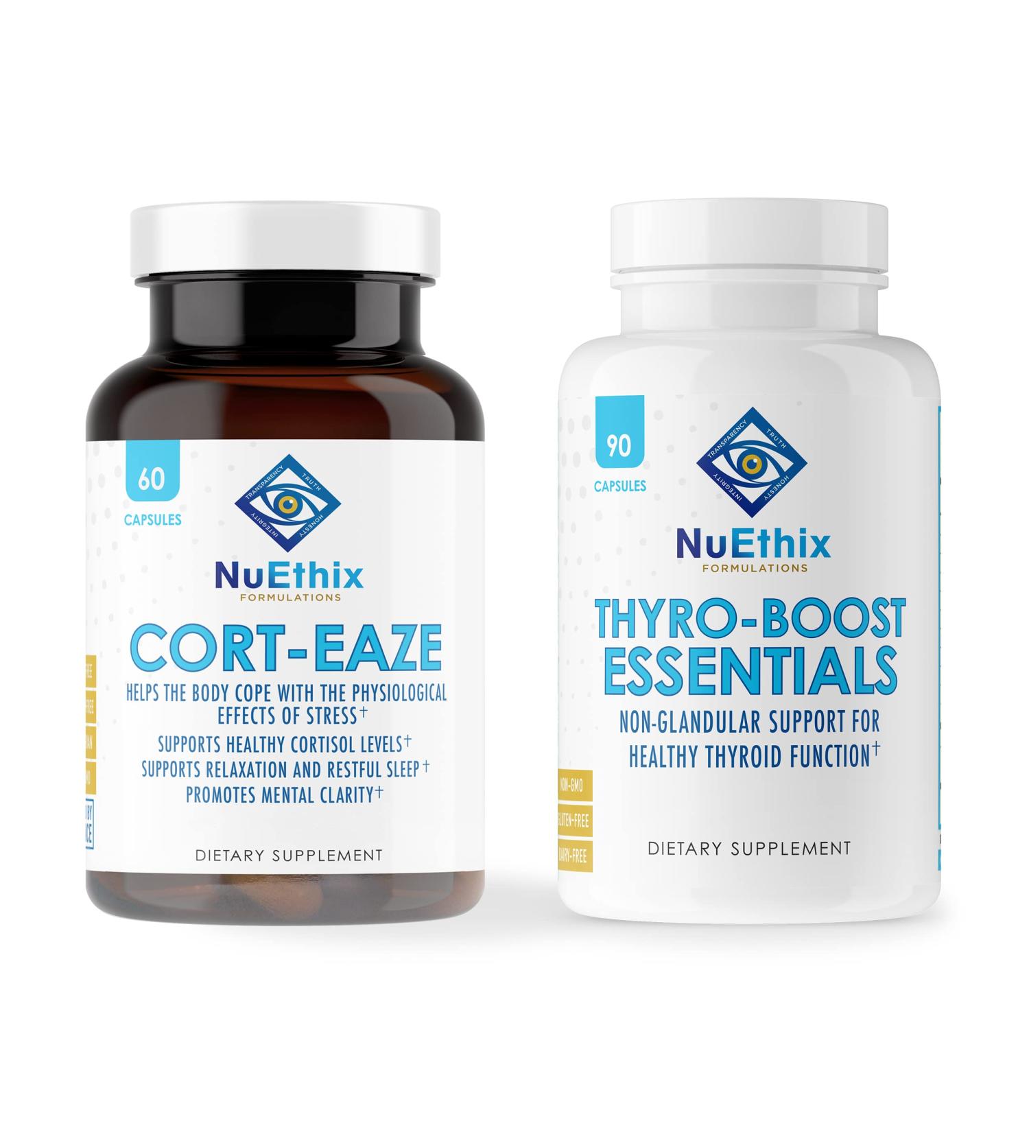 NuEthix Formulations Cortisol and Thyroid Support Supplement Bundle: Cort-Eaze Cortisol-Control Supplement 60 Capsules 30 Servings and Thyro-Boost Essentials 90 Capsules - Buy Online on GoSupps.com