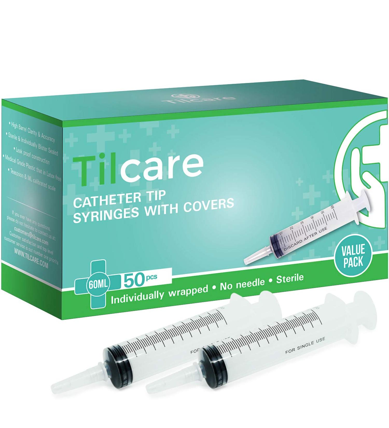 60ml Catheter Tip Syringe with Covers 50 Pack - Tilcare Sterile Plastic Medicine Droppers - Latex-Free Oral Medication Dispenser - Buy Online on GoSupps.com