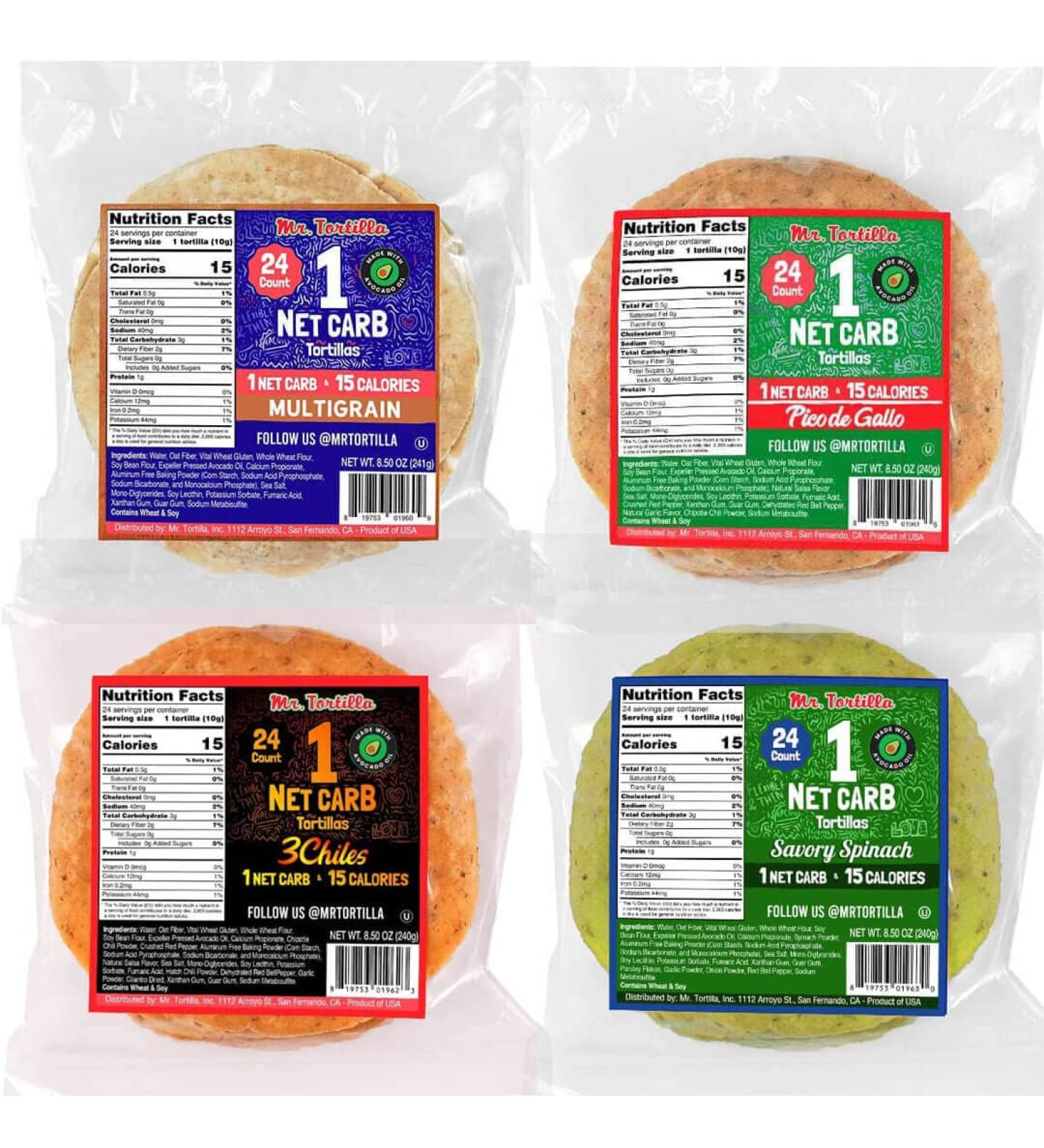 Mr. Tortilla 1 Net Carb Tortilla Variety Pack - 96 Tortillas | Keto, Low Carb, Low Calorie, Vegan, Kosher | 4 Avocado Oil Flavors - Buy Online on GoSupps.com