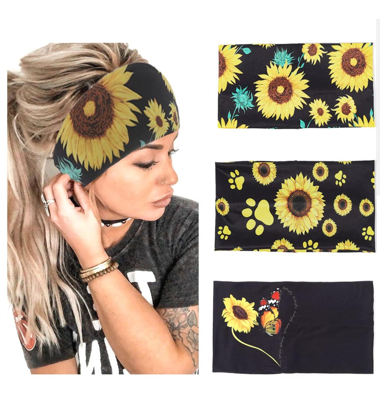 Bohemian Headbands for Women 3 Pack - Wide Printed Hair Wraps for Yoga and Workout - Sunflower Fashion Accessories for Girls - Buy Online on GoSupps.com