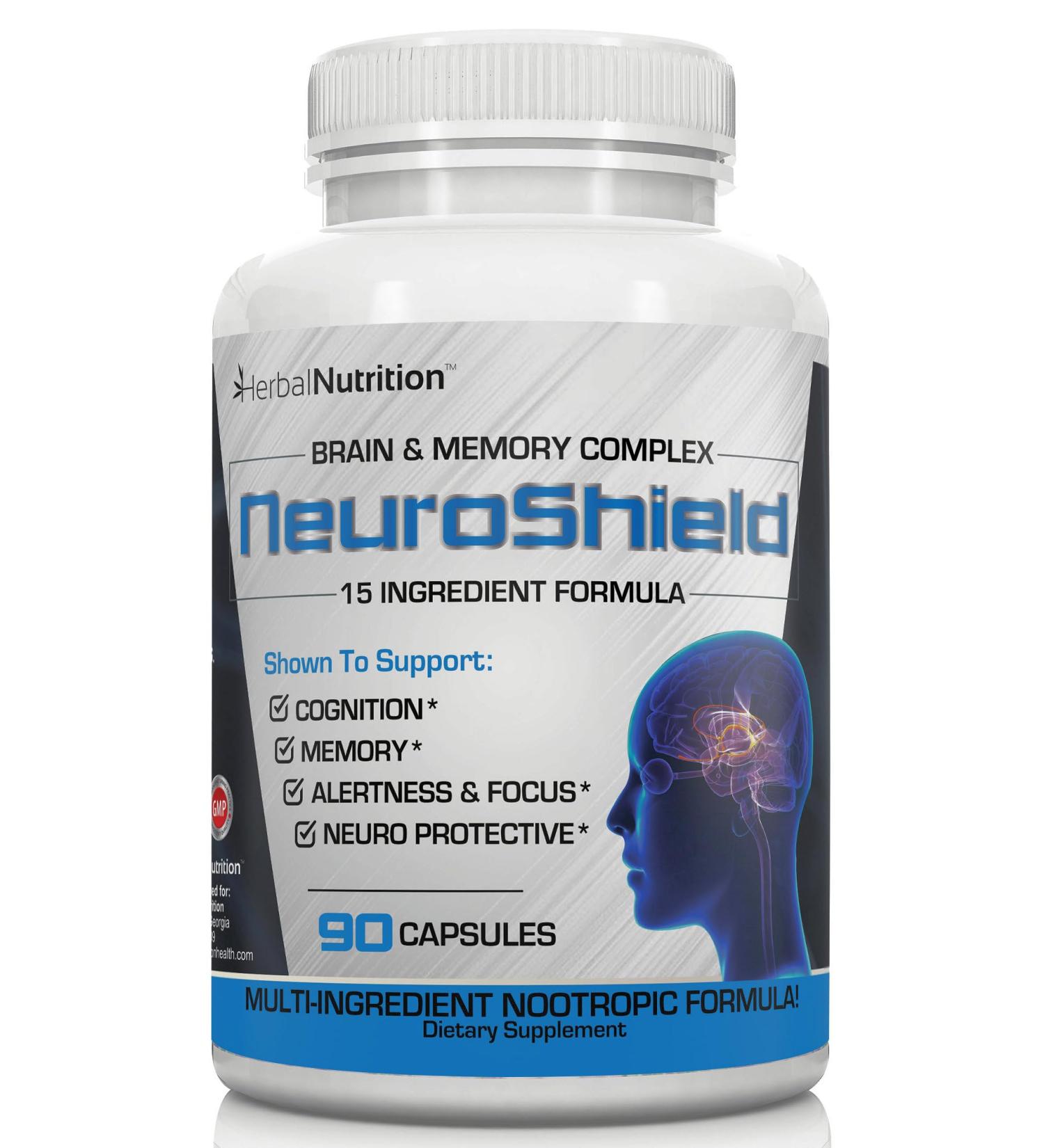 NeuroShield, Brain Supplement a Nootropic Brain Booster and Memory Supplement, Contains Huperzine A, Ginko Biloba, Bacopa Plus Antioxidants for Brain Health, Multi-Ingredients, 1 Bottle, 90 Capsules - Buy Online on GoSupps.com