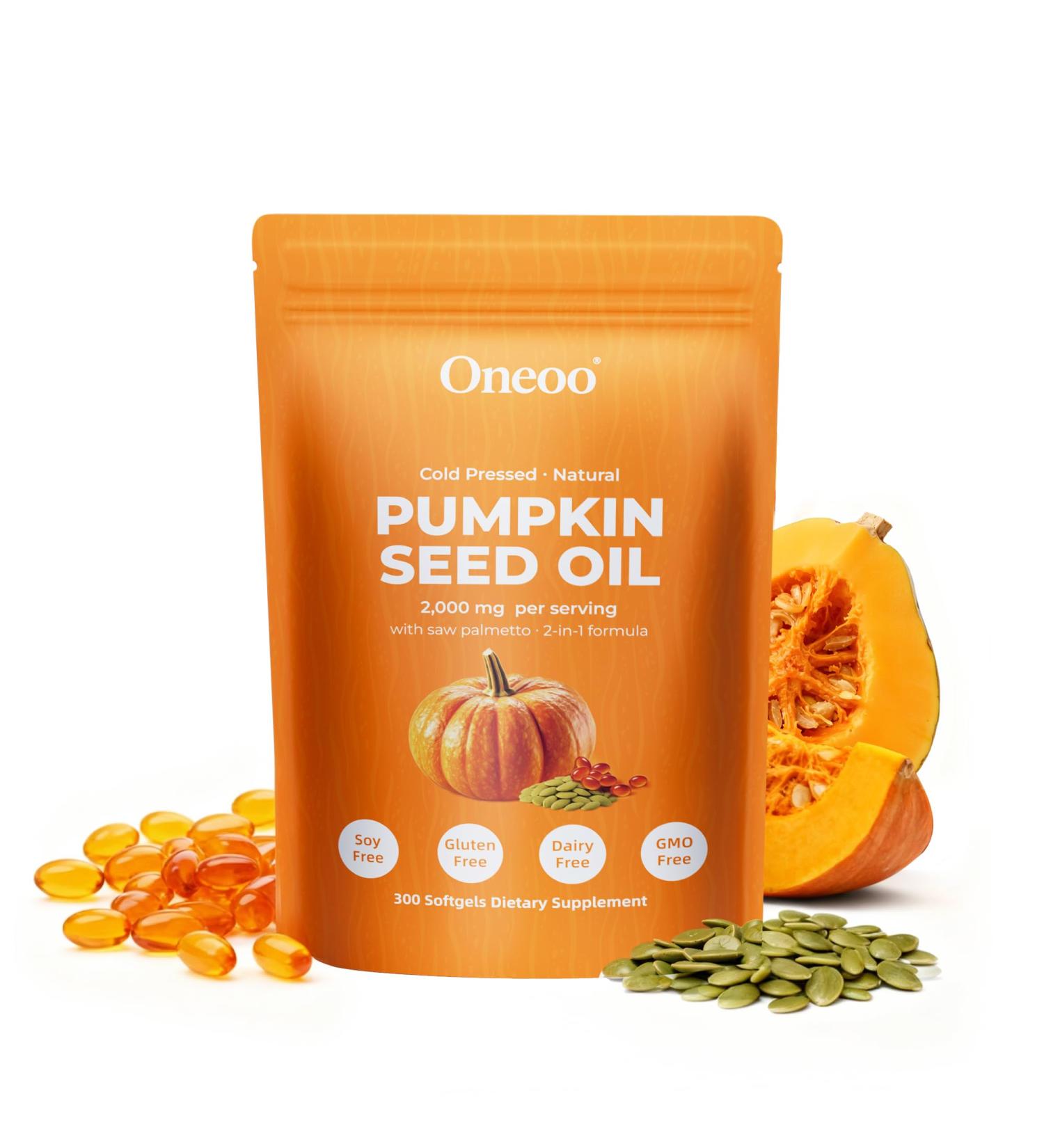 Oneoo Pumpkin Seed Oil 2000mg with Saw Palmetto - 300 Softgels for Hair Urinary Tract Bladder & Prostate Support - Cold Pressed Non-GMO Rich in Fatty Acids & Phytosterols All-Natural Supplement - Buy Online on GoSupps.com