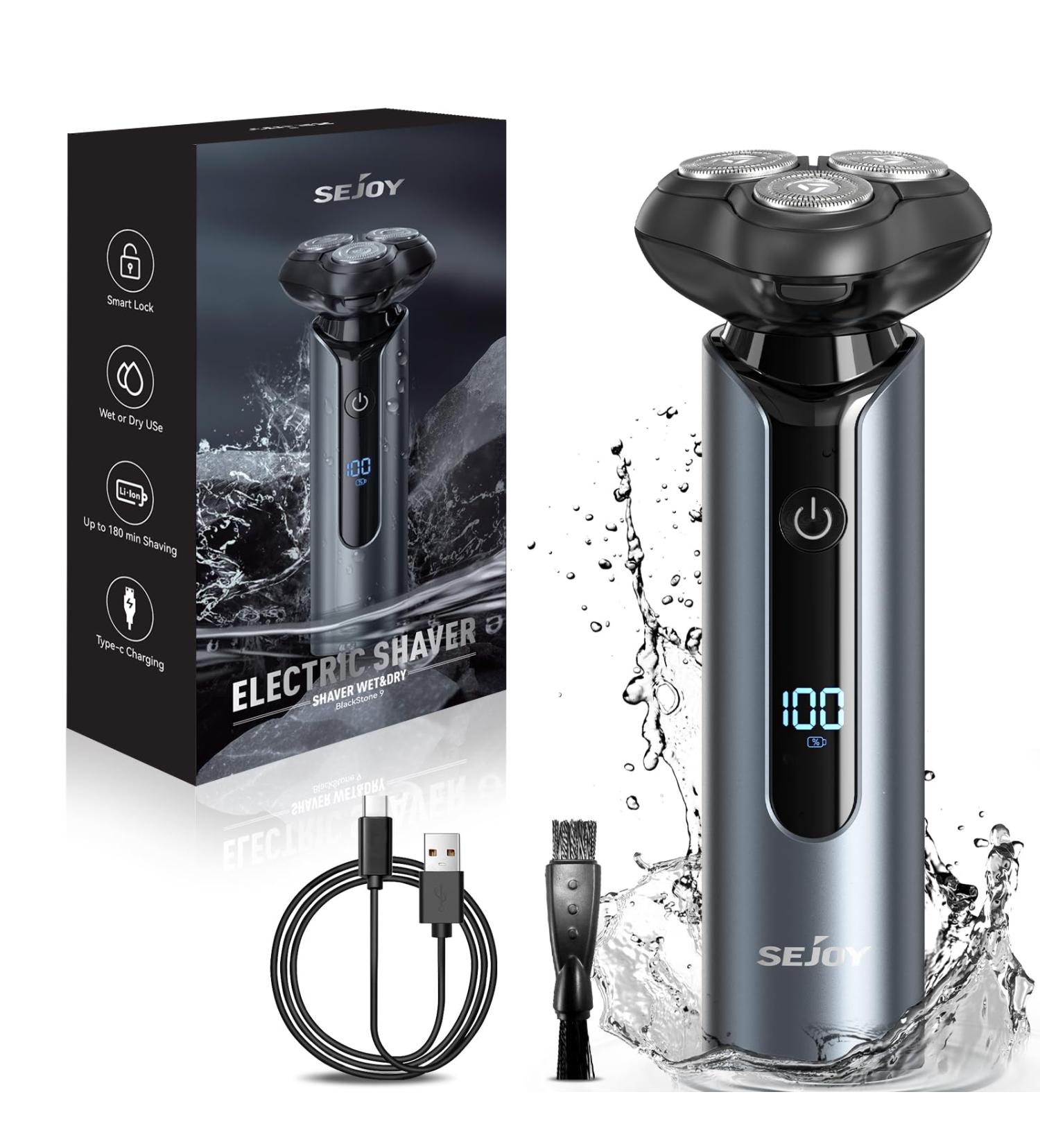 Electric Razor for Men Face Sejoy Electric Shaver Rechargeable Cordless 3D Floating Head UP to 180 Min Shaving Metallic IPX7 Waterproof Shaver - Buy Online on GoSupps.com