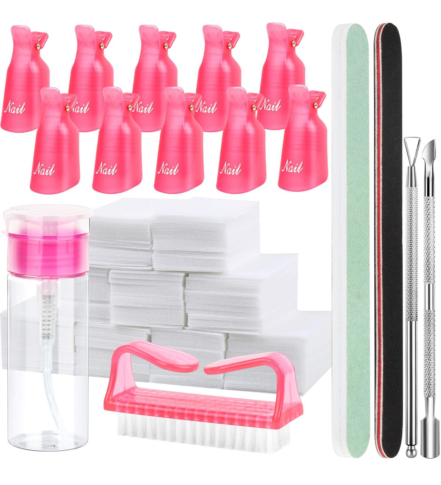 FANDAMEI Nail Polish Gel Remover Kit with Nail Clips, Remover Bottle, Cotton Pads, Brush, Pusher, Peeler, and Buffer Block - Pink - Buy Online on GoSupps.com