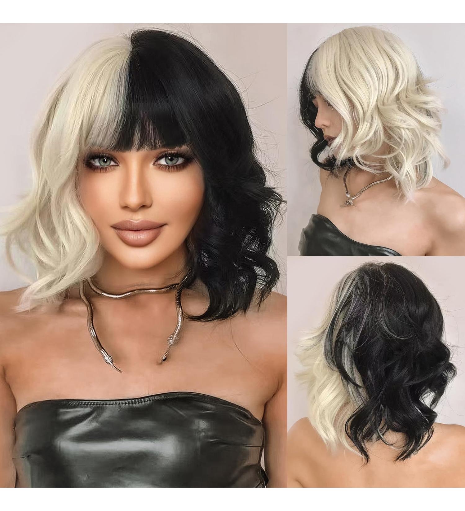Kellynee Cruella Deville Costume Wig - Black & White Short Curly Bob with Bangs | Heat Resistant Synthetic Hair for Party, Halloween & Cosplay - Buy Online on GoSupps.com