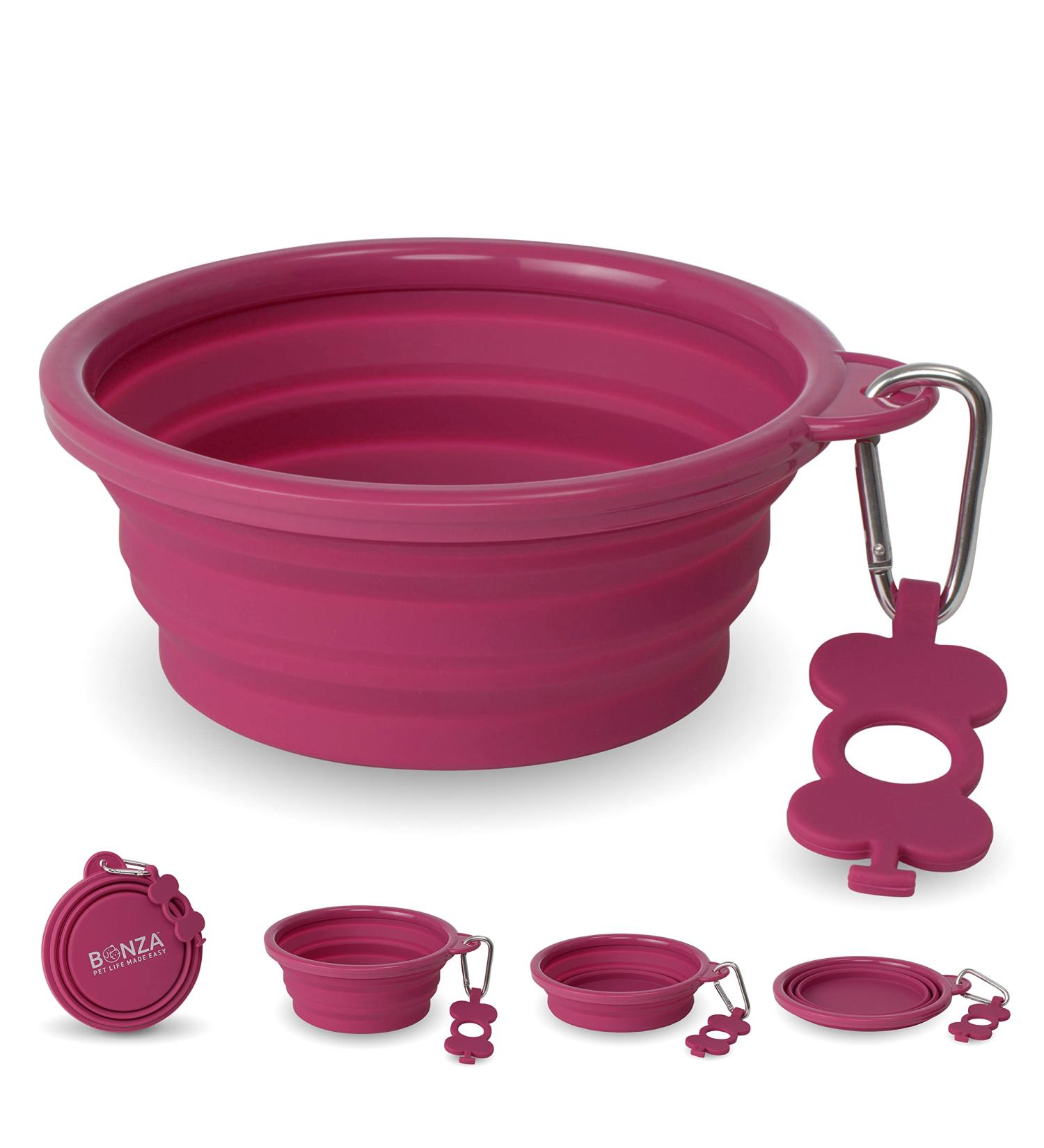 Bonza Large Foldable Dog Bowl 1000 ml - Stable Reinforced Edge Carabiner & Water Bottle Holder - Perfect for Travel - Pink - Buy Online on GoSupps.com