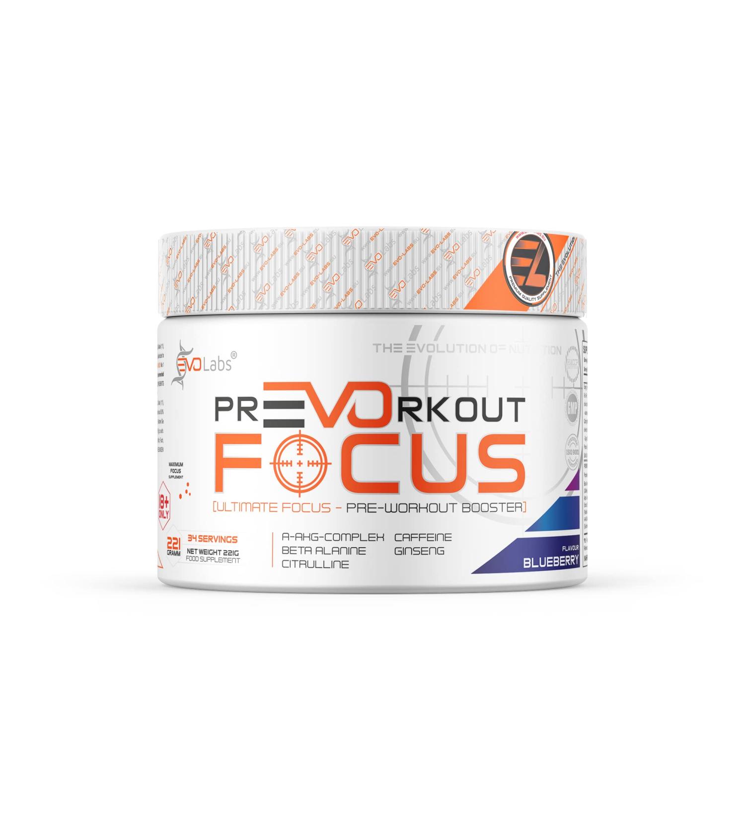 Evolabs Prevorkout Focus Powder 221G - Premium Pre-Workout Booster with N-Acetyl-L-Cystein Beta-Alanin Guarana & Siberian Ginseng - Blueberry Flavor for Enhanced Gaming & Training Performance - Buy Online on GoSupps.com
