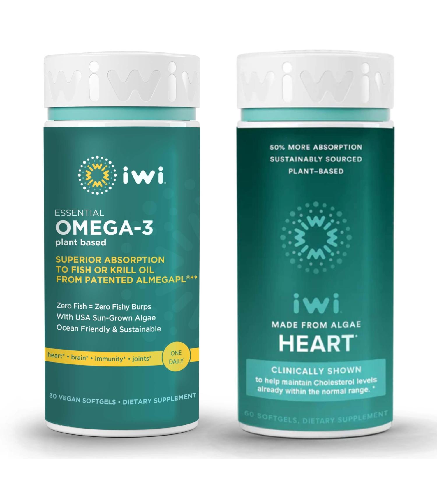 Iwi Omega-3 Essential & Heart Omega-3 Bundle 30 Servings Vegan Plant-Based Algae Omega 3 Krill & Fish Oil Alternative No Fishy Aftertaste - Buy Online on GoSupps.com