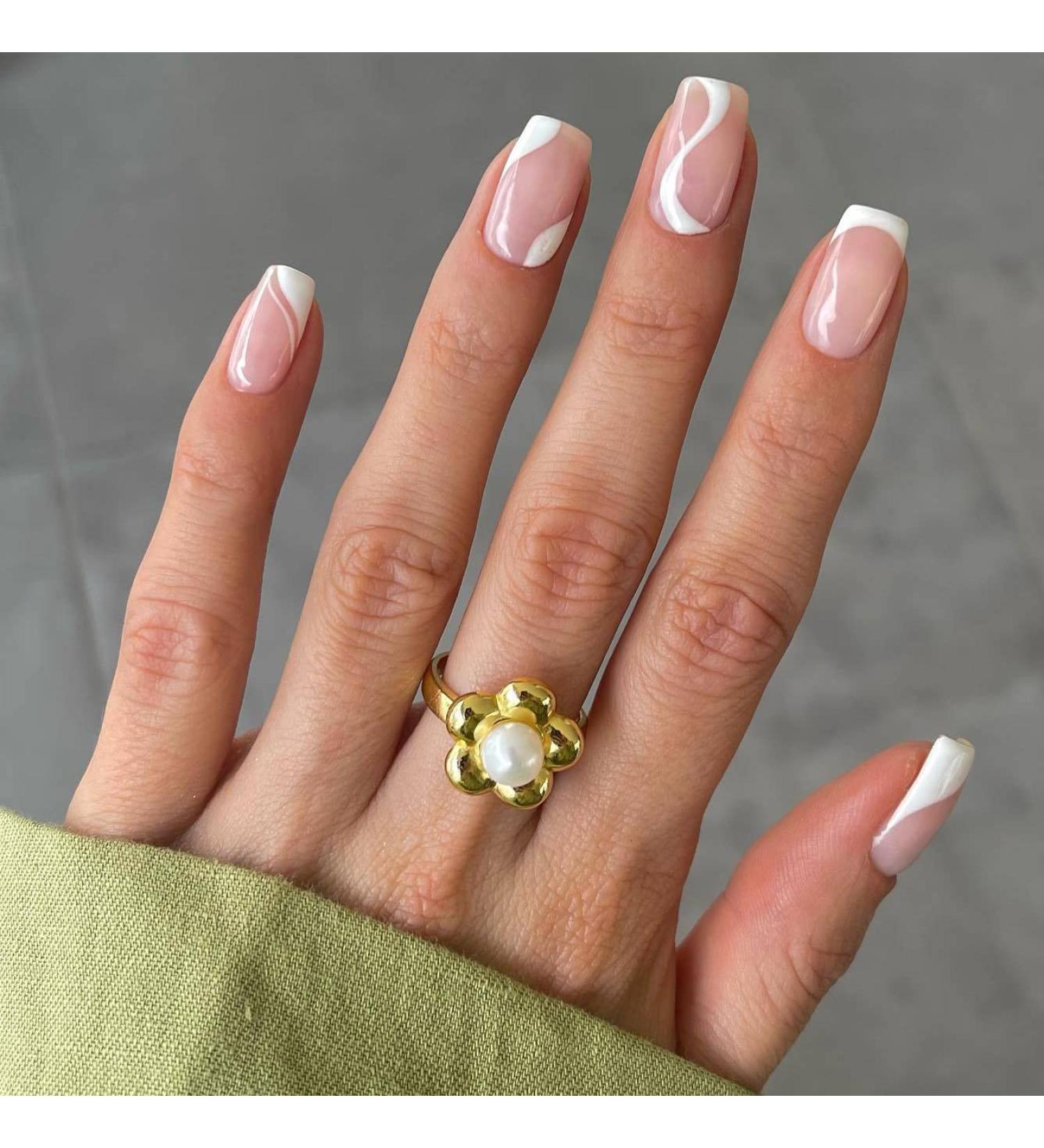 JUSTOTRY 24 Pcs Square False Nails Short White French Press on Nails Wavy Pattern Swirl Fake Nails Short with Nail Glue Nude Stick on Nails for Women Nails Fake Nail for Nails Art white &swirl 2