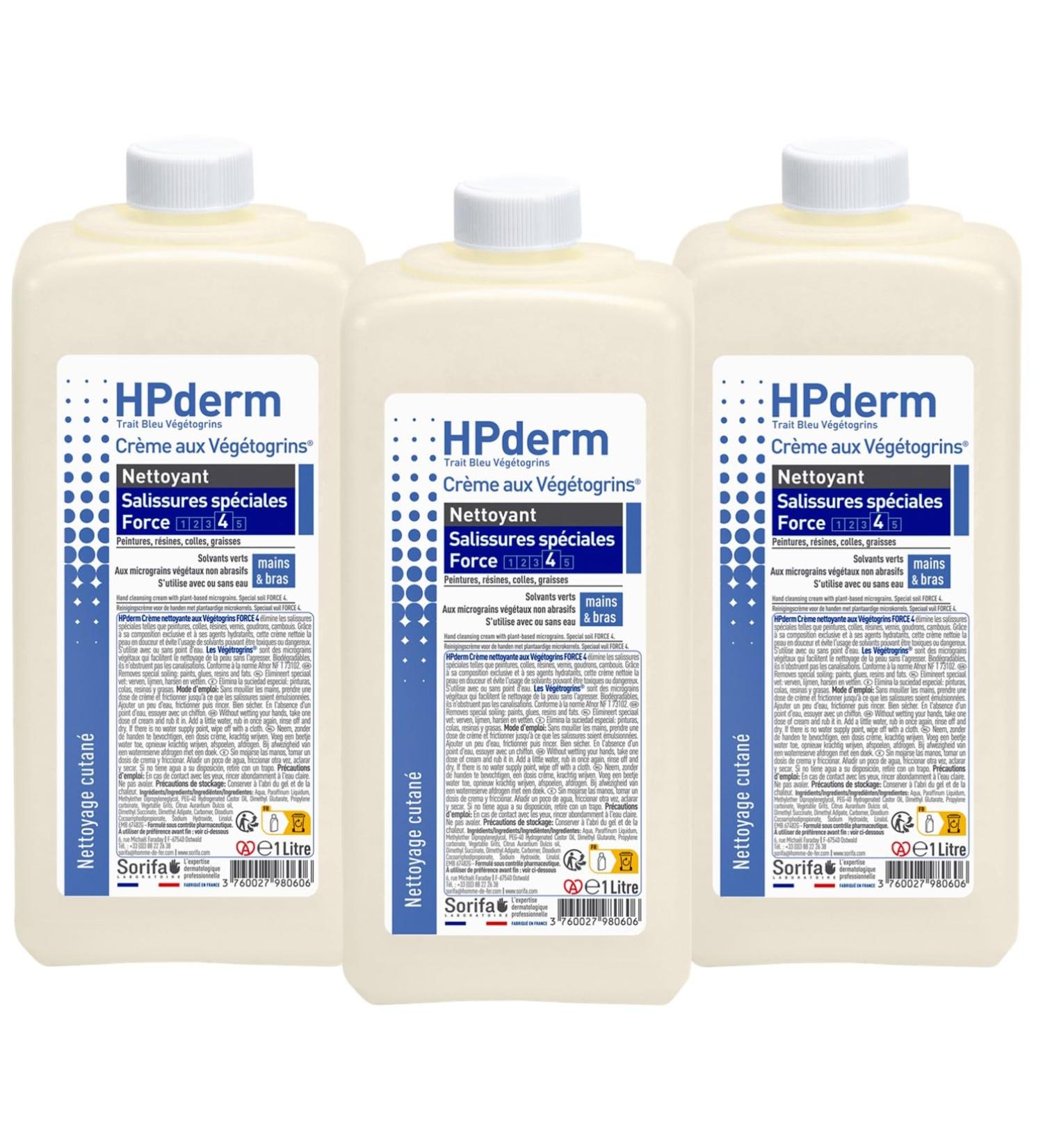  SORIFA Pack of 3 - HPderm Vegetogrins Cleansing Cream Strength 4 - Hands and Arms - Special Dirts - Grease Paint Ink Putty Tar Glue Foam - Soap Free - 1L Bottle - Buy Online on GoSupps.com