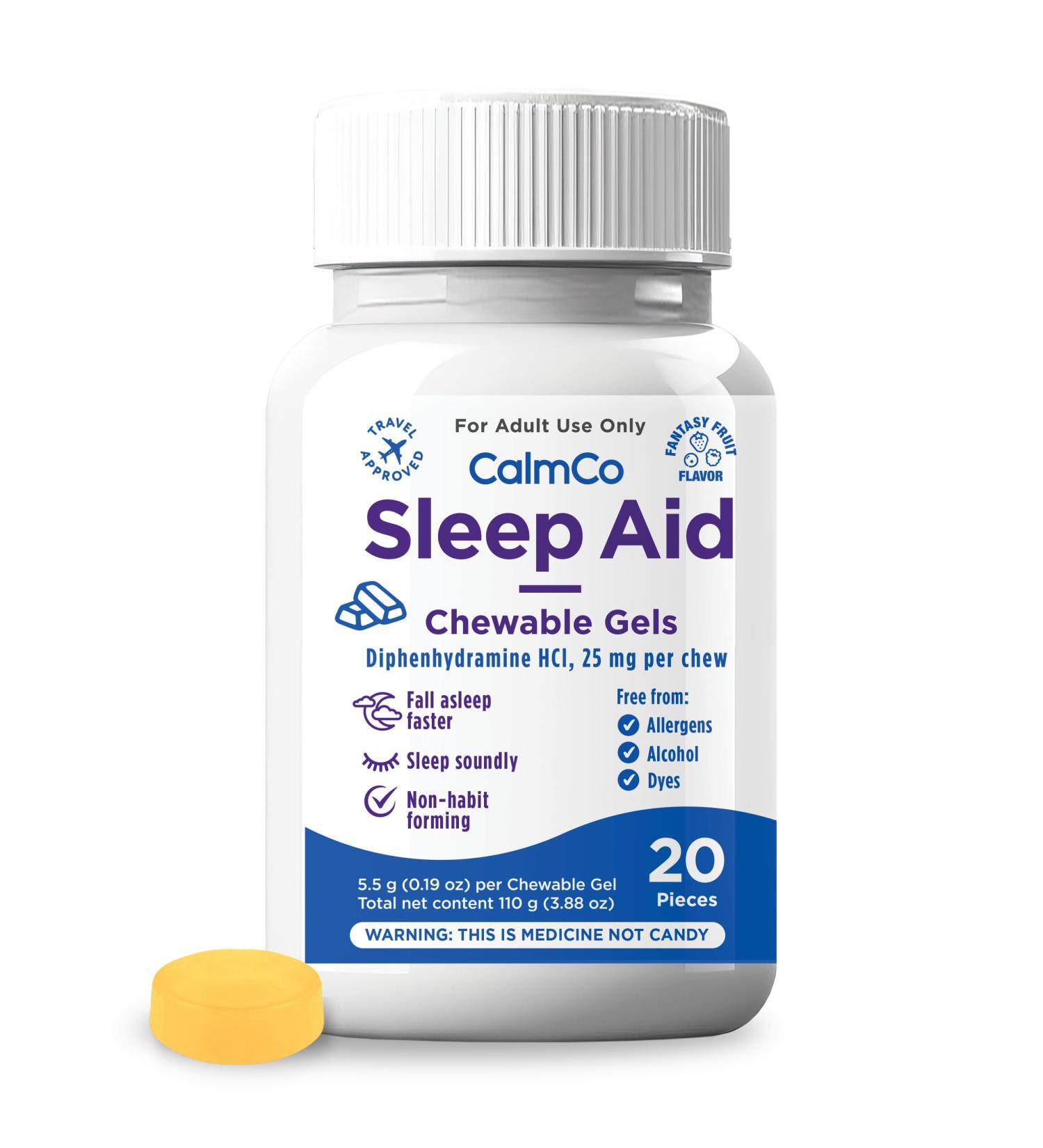 CalmCo Adult Sleep Aid Non-Habit Forming Sleep Support with Diphenhydramine HCl 25 mg Nighttime Sleep Aid Chewable Gels Promotes Better Sleep and Helps You Fall Asleep Faster 20 Count - Buy Online on GoSupps.com
