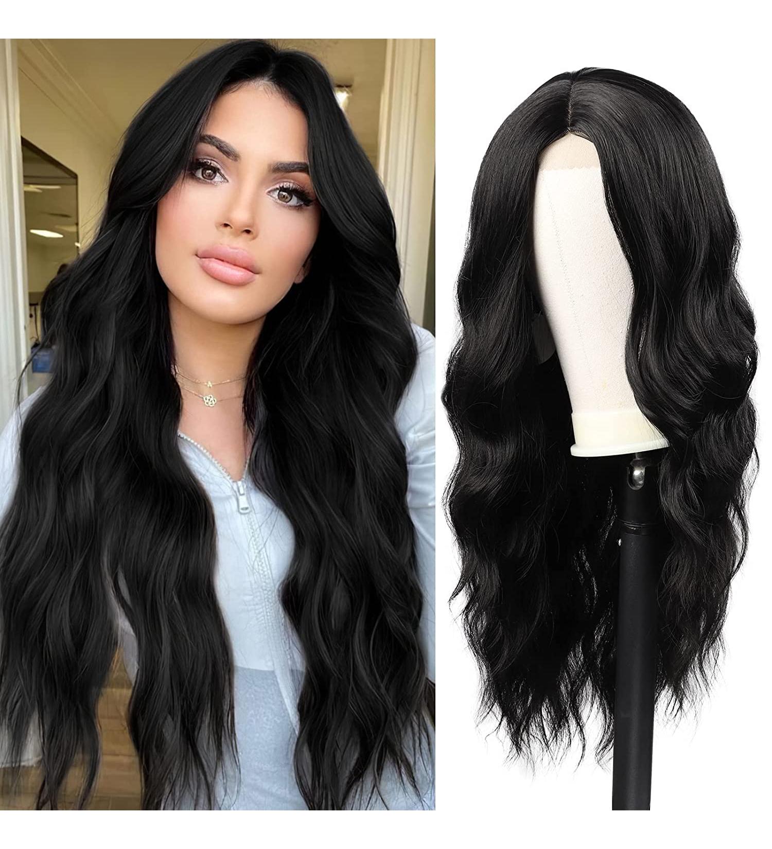 Long Black Wavy Wig for Women 24 Inch Middle Part Curly Synthetic Hair Natural Looking Heat Resistant Fiber for Daily Party Use (Black) - Buy Online on GoSupps.com