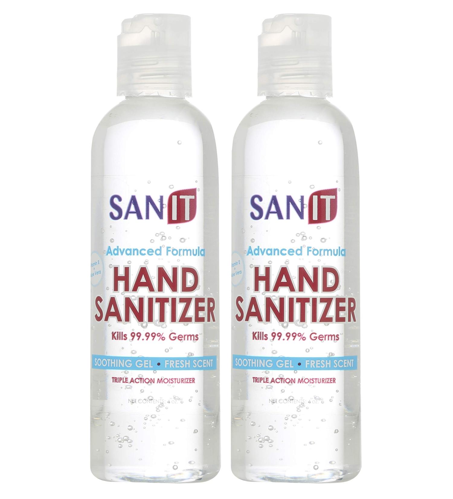 Sanit Moisturizing Hand Sanitizer Gel 70% Alcohol - 2 Pack 4 oz - Made in USA - Kills 99.99% Germs with Vitamin E and Aloe Vera - Fresh Scent Soothing Formula - Buy Online on GoSupps.com