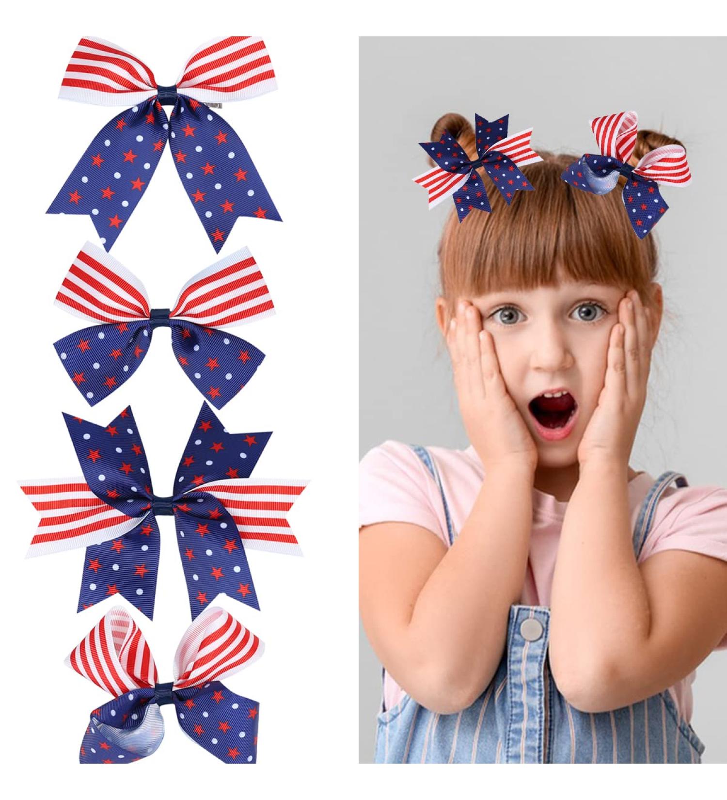 4th of July Patriotic Hair Bows Clips & Hairpins Set for Kids - USA Flag Hair Accessories for Independence Day - 4Pcs - Buy Online on GoSupps.com
