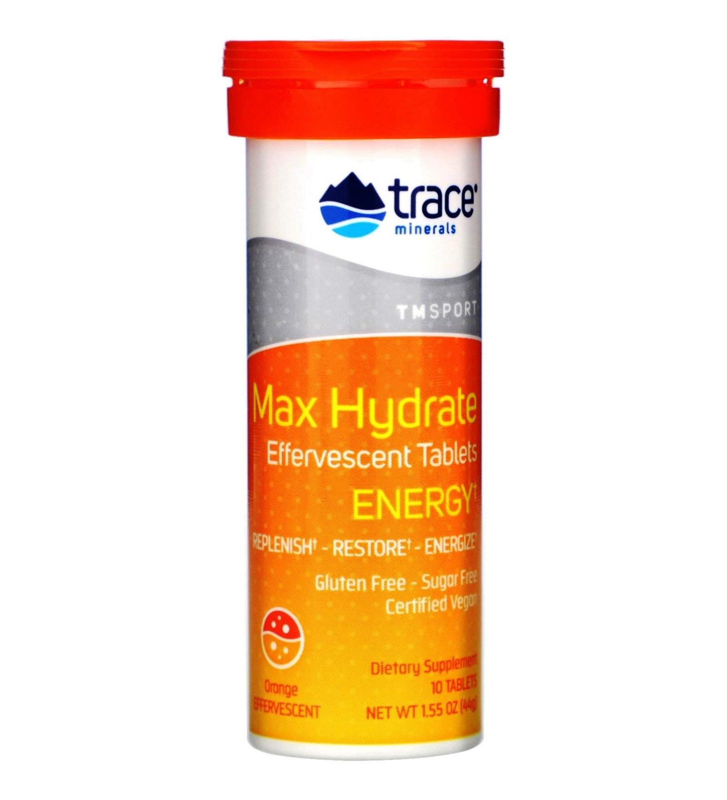 Trace Minerals Max Hydrate Energy Effervescent Tablets - Orange Flavor (1.55 oz) - Buy Online on GoSupps.com