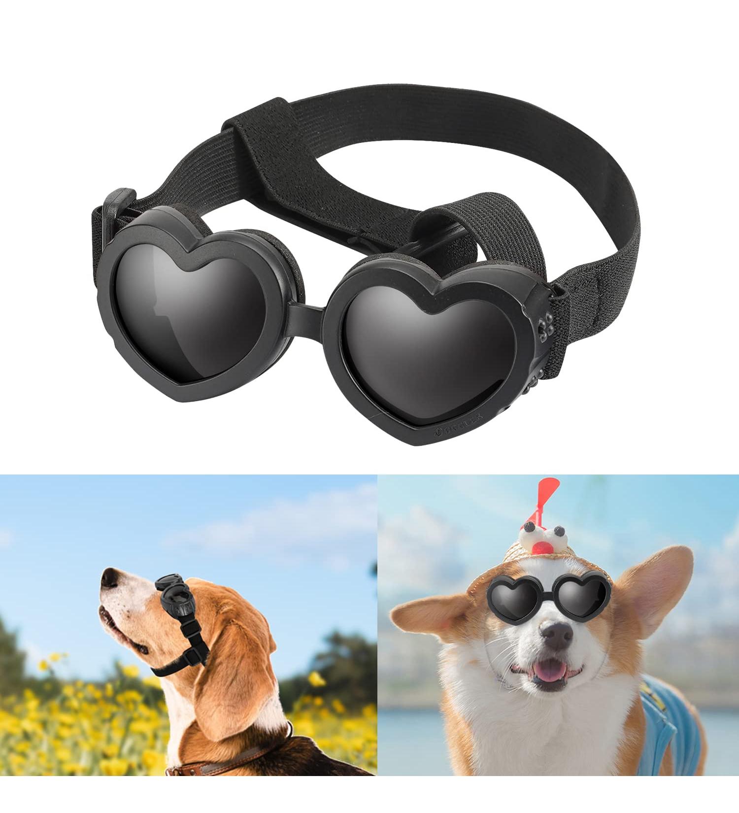 UV Protection Dog Sunglasses - Adjustable Windproof Heart Shape Glasses for Small Dogs | Waterproof Anti-Fitting Design in Black - Buy Online on GoSupps.com