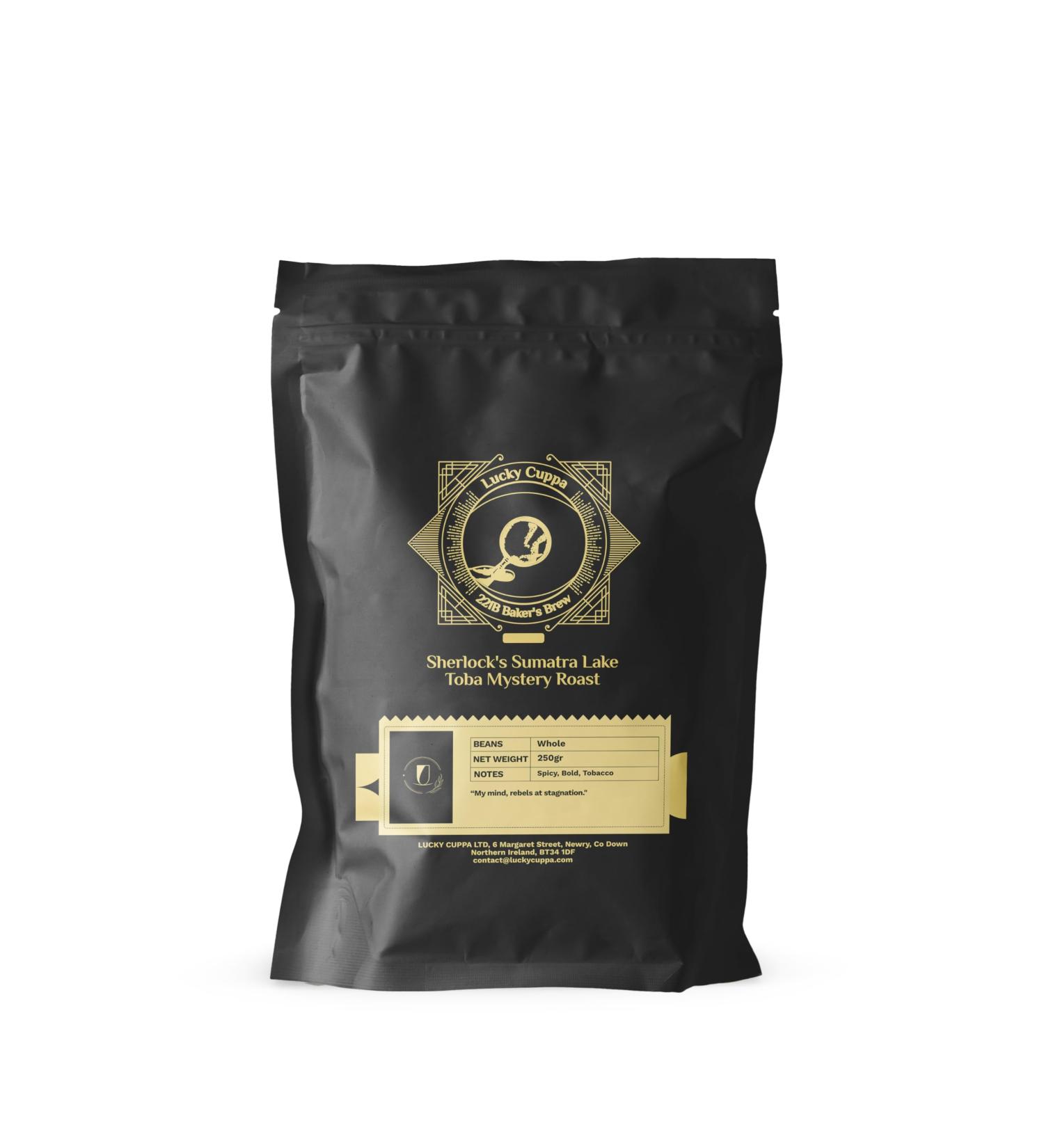 Lucky Cuppa's "221b Bakers Brew" Sherlock's Sumatra Lake Toba Mystery Roast - Medium Roast Coffee Beans - Whole Coffee Beans - Sherlock Holmes Gifts for Men - 250g - Buy Online on GoSupps.com