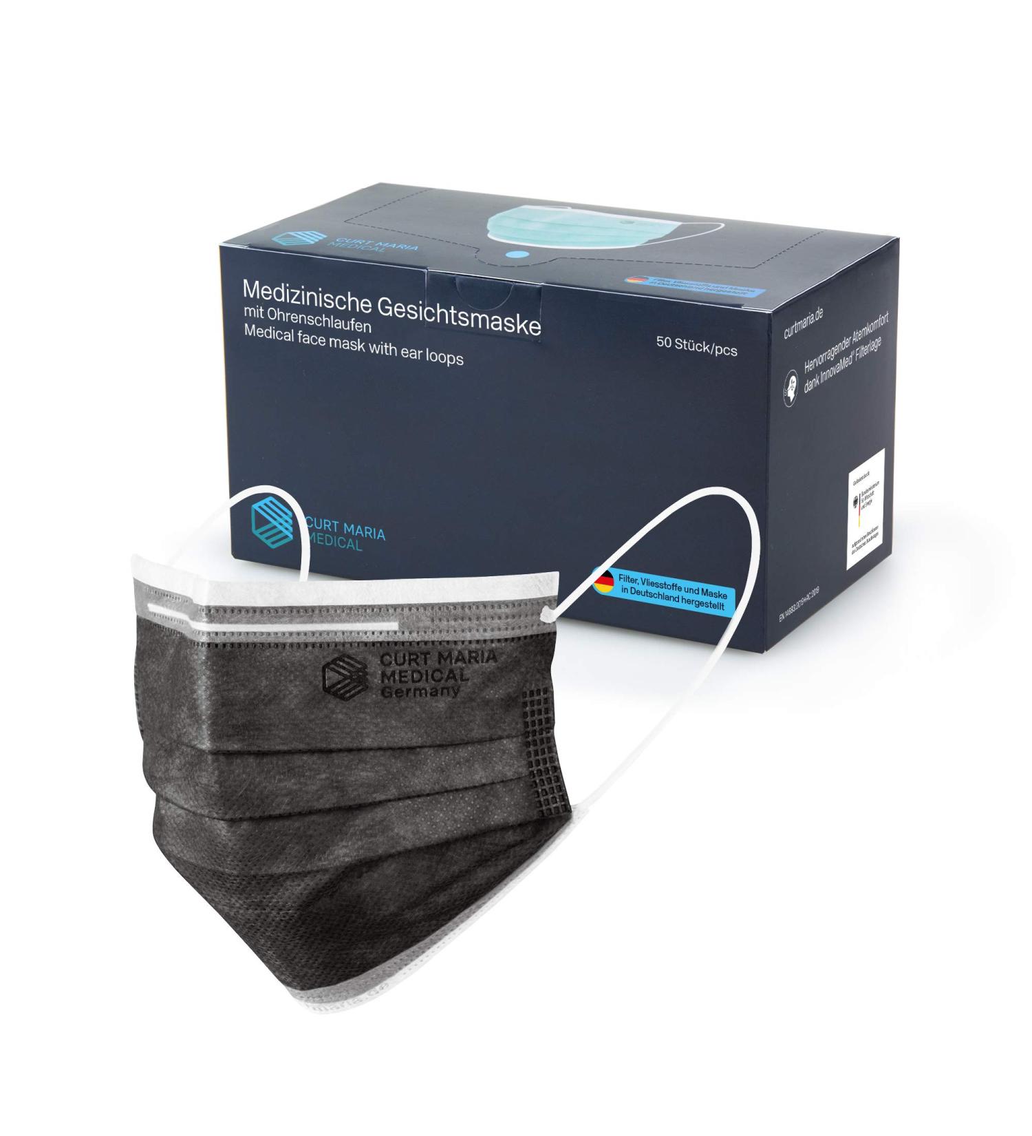 Curt Maria Medical Face Masks - 50 Pack 3-Layer Ear Loop Black Masks Made in Germany | Single-Use Mouth Protection for Optimal Safety - Buy Online on GoSupps.com