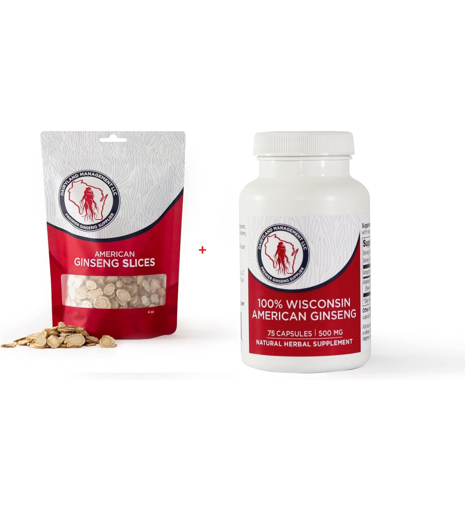 Dairyland American Ginseng Slices 4 oz and Capsules 75 ct Pack of Wisconsin Ginseng Direct from Farmer to Consumer  - Buy Online on GoSupps.com