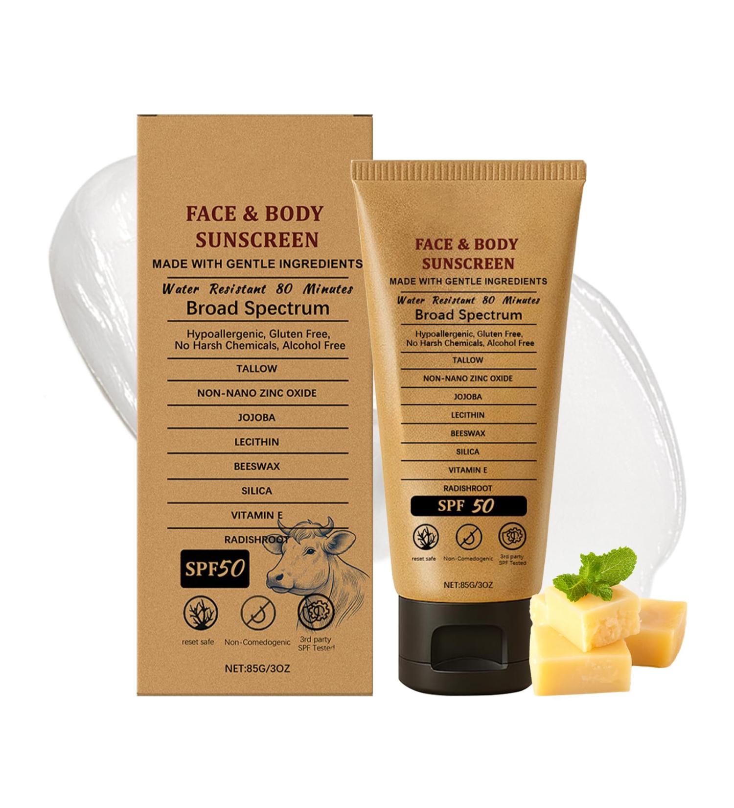 Beef Tallow Sunscreen SPF 50 - Grass Fed Beef Tallow Non-Nano Zinc Oxide Sunblock Water Resistant Clean Non-greasy Formula for Face and Body 3 Oz - Buy Online on GoSupps.com