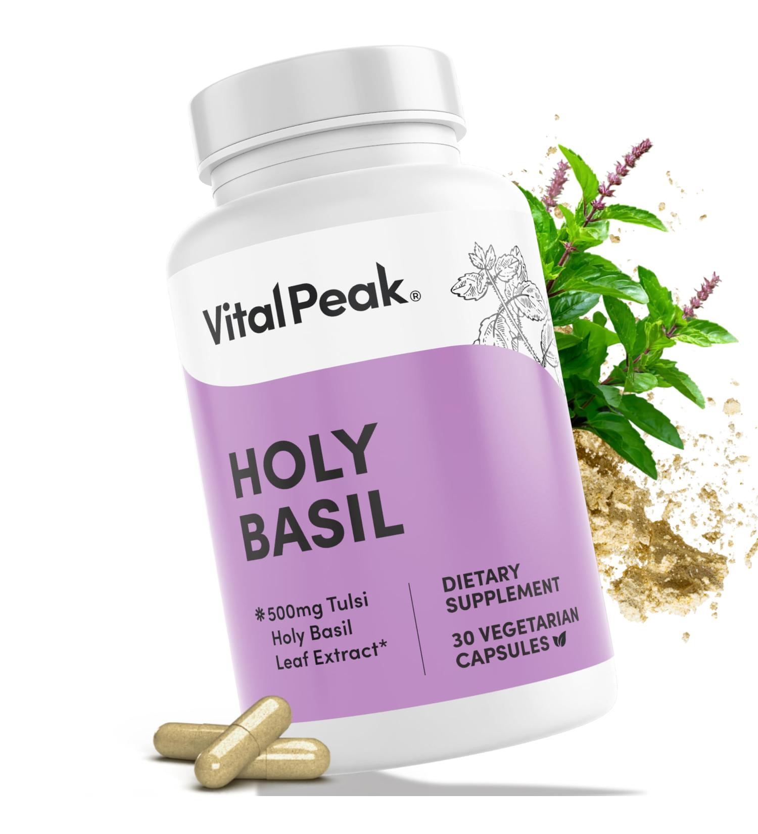 Vital Peak Holy Basil 500 mg - Mood & Relaxation Support - Tulsi Supplements for Women & Men - Vegan Gluten Free Dairy Free Soy Free Non-GMO - 30 Capsules - Buy Online on GoSupps.com