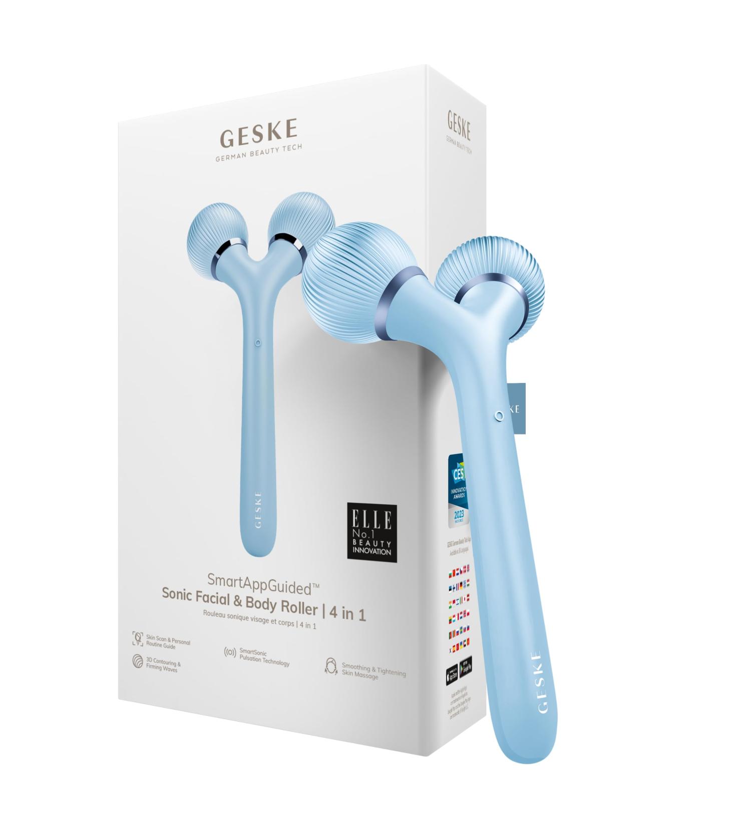 Geske SmartAppGuided Sonic Facial & Body Roller | 4-in-1 Dermaroller Device for Face & Body | Professional Aquamarine Facial Scooter - Buy Online on GoSupps.com