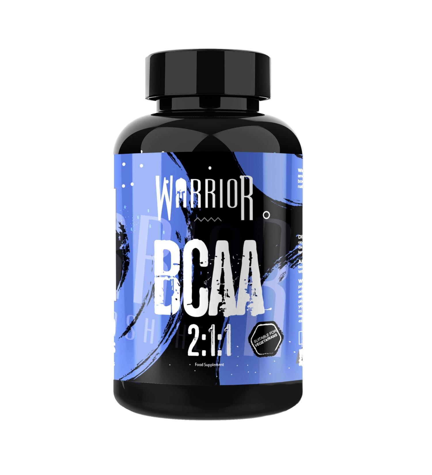 Warrior BCAA Capsules 1000mg - 60 Caps - Pharmaceutical Grade 2:1:1 BCAA Ratio - Leucine, Isoleucine, Valine - Branched Chain Amino Acid Supplement - Buy Online on GoSupps.com