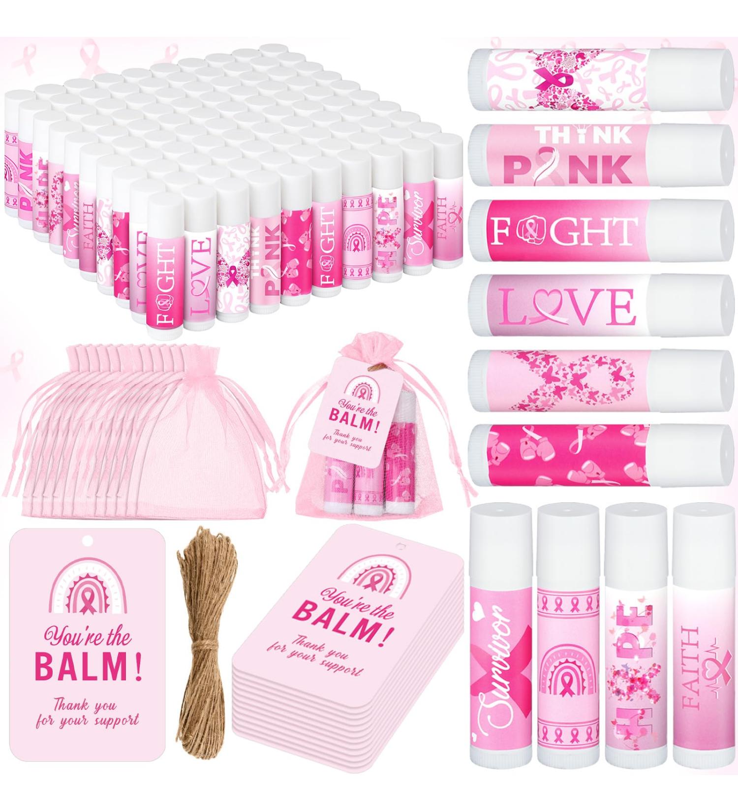 100 Pink Ribbon Breast Cancer Awareness Gift Sets - Bulk Lip Balms Organza Bags & Tags for Charity Events - Buy Online on GoSupps.com