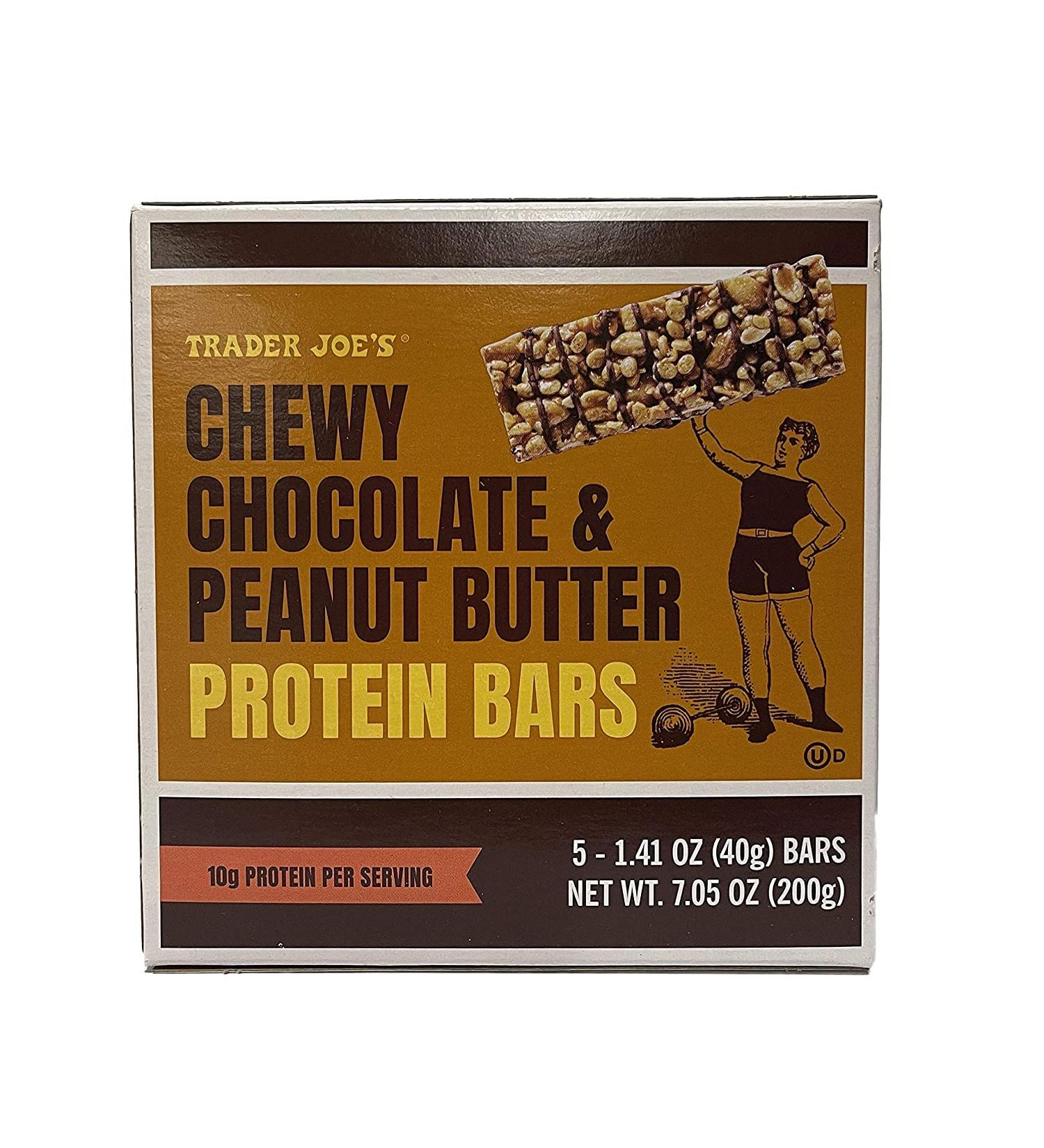 Trader Joe's Chewy Chocolate & Peanut Butter Protein Bars - 5 Bars in a Box - 10g Protein Per Serving