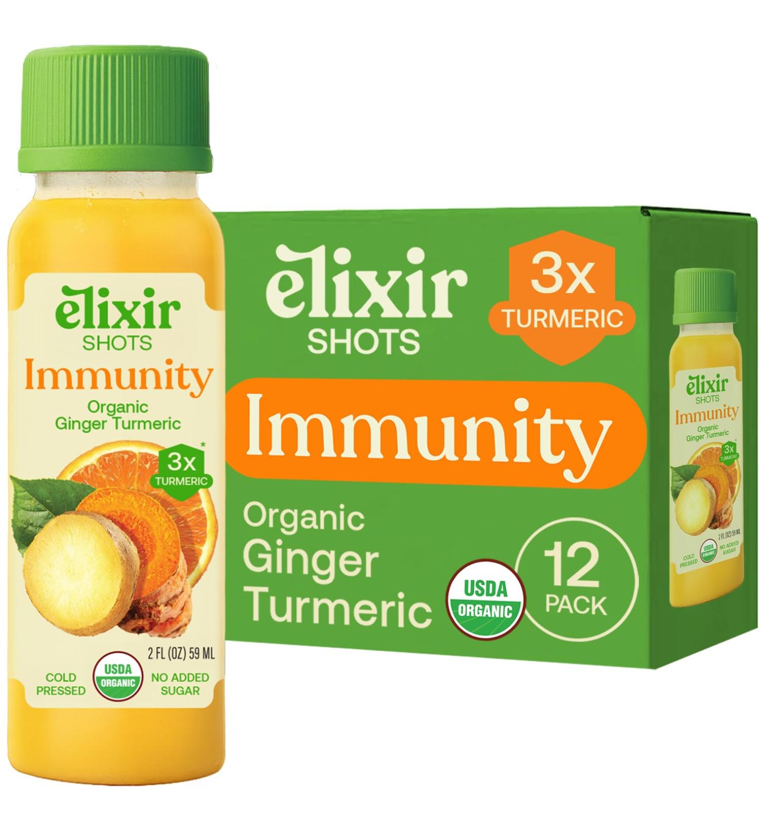 Elixir Shots, Immunity Daily Wellness Shot with Cold-Pressed Turmeric, Ginger, Orange and Black Pepper, No Added Sugars or Artificial Ingredients, USDA Organic, 12-pack Turmeric Ginger Orange 12 - Buy Online on GoSupps.com