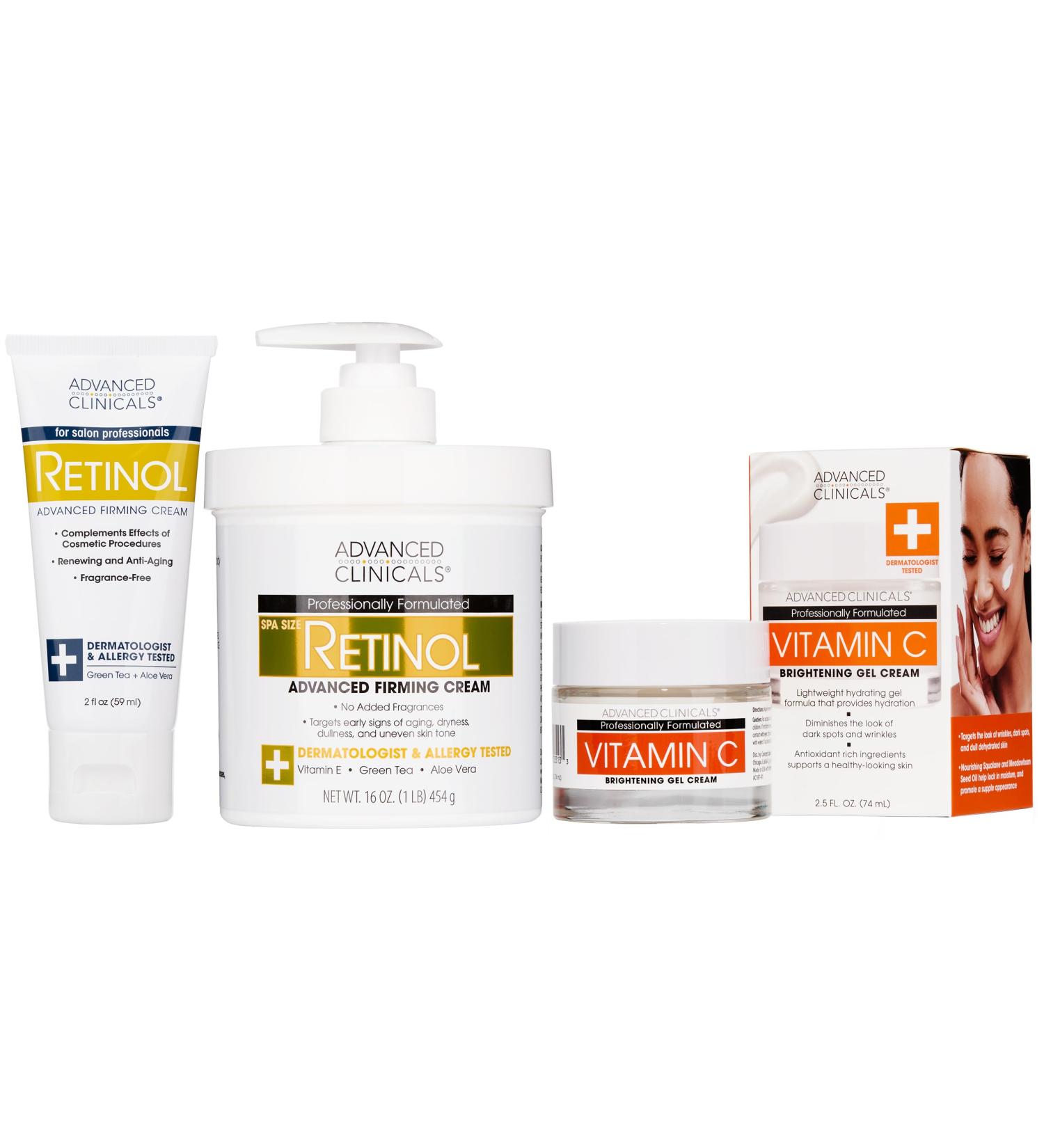 Advanced Clinicals Retinol Firming Cream + Retinol Travel Size Firming Cream + Vitamin C Brightening Face Gel Cream Set - Buy Online on GoSupps.com