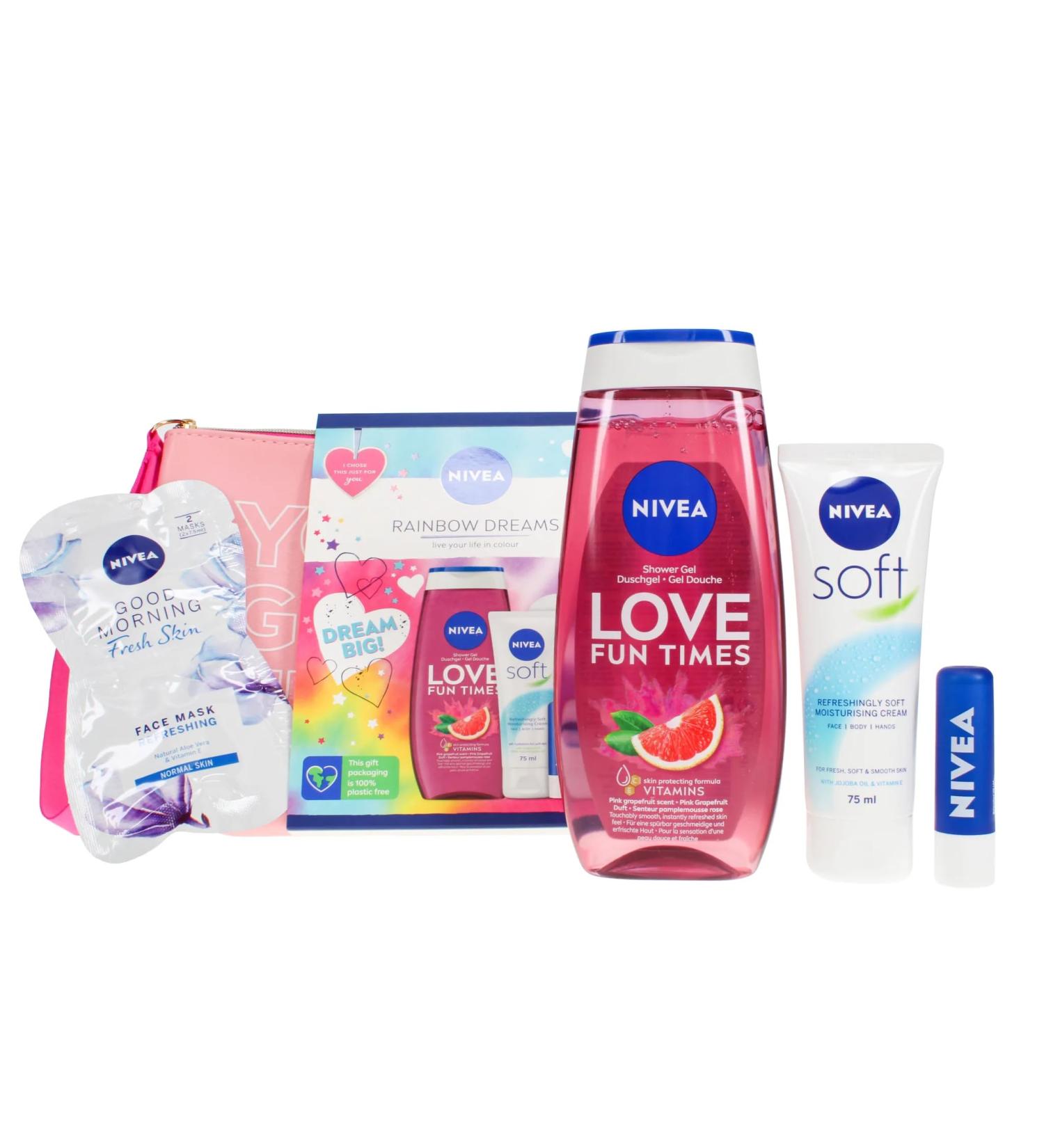 Nivea RAINBOW DREAMS 5PC Gift Set (250ML GAPEFRUIT SHOWER GEL 75ML CREAM & 2X7.5ML FACE MASK & BAG )