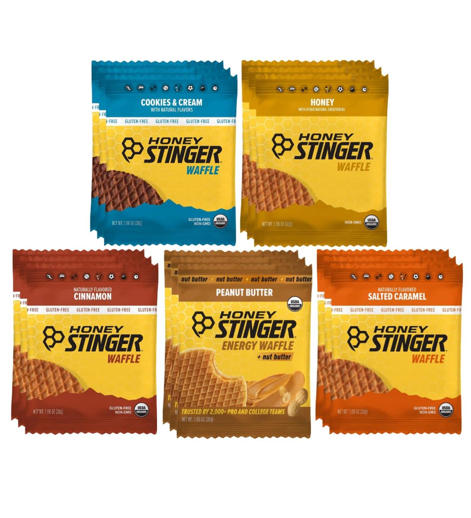 Honey Stinger Energy Waffle Variety Pack 15 Count (3 Each: Honey Peanut Butter Cinnamon Salted Caramel Cookies & Cream) Organic Honey Energy Snack for Sports Fitness Outdoor Activities & On-the-Go Fuel - Buy Online on GoSupps.com