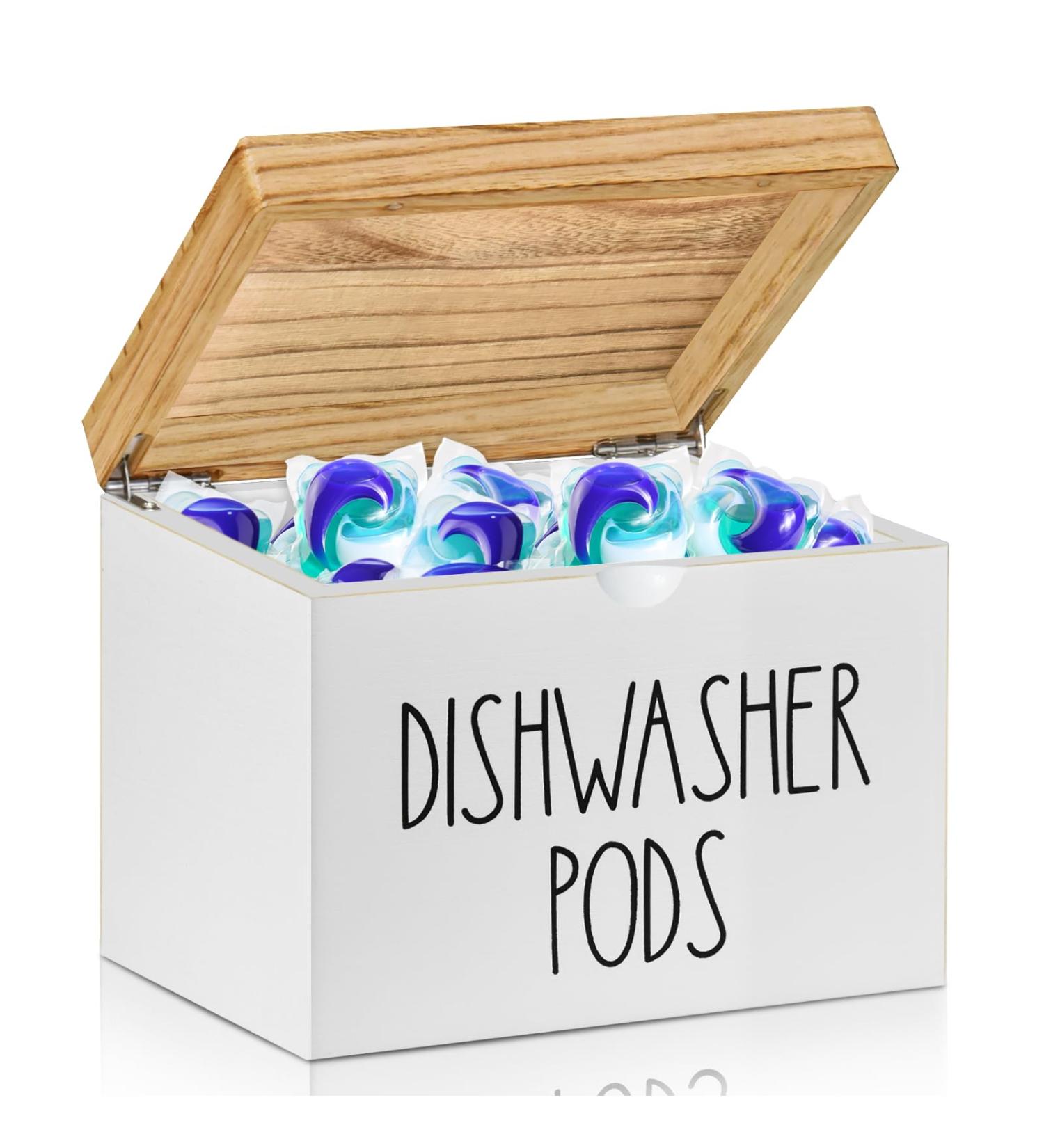 Anwelynd Rustic Wooden Dishwasher Pod Container Dishwasher Tablet Container for Kitchen Decor and Accessories Wood Laundry Detergent Pods Holder with Lid Laundry Detergent Storage Square White & Brown - Buy Online on GoSupps.com