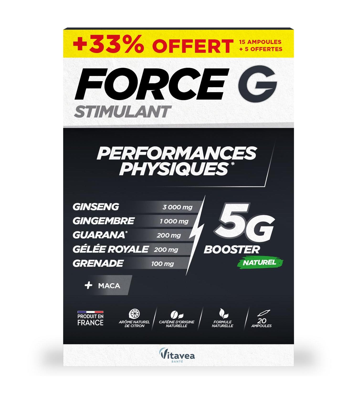Vitavea Strength G Stimulant - Physical Performance Dietary Supplement - Ginseng Ginger Guarana Royal Jelly Pomegranate Maca - Enhanced Active Ingredients - 20 Ampoules - 20 Days - Made in France - Buy Online on GoSupps.com