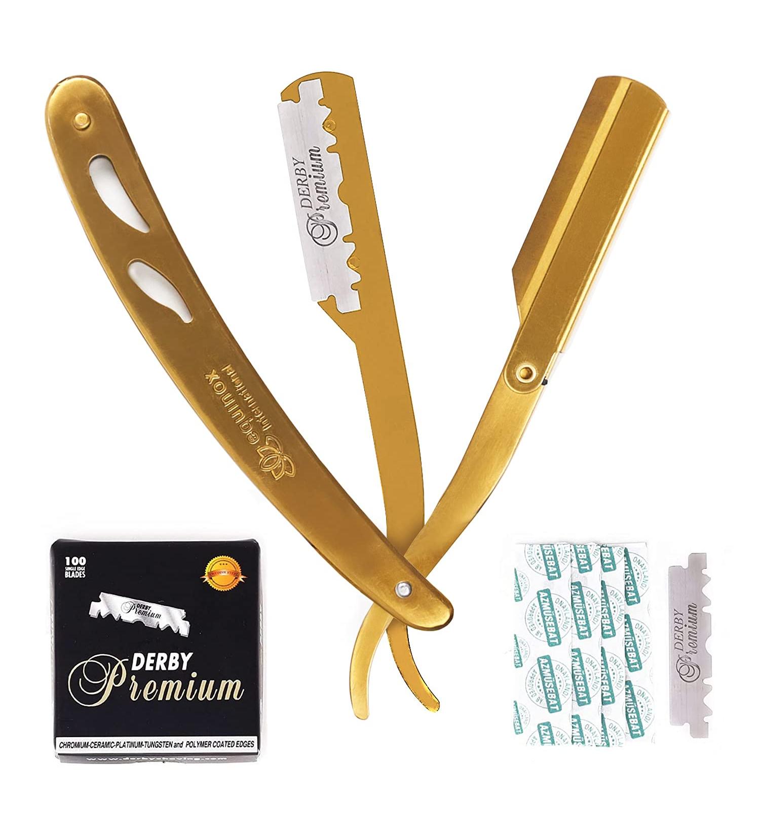 Equinox Professional Straight Edge Razor Kit - 100 Derby Blades for Close Shaving | Premium Barber Manual Shaver - Buy Online on GoSupps.com